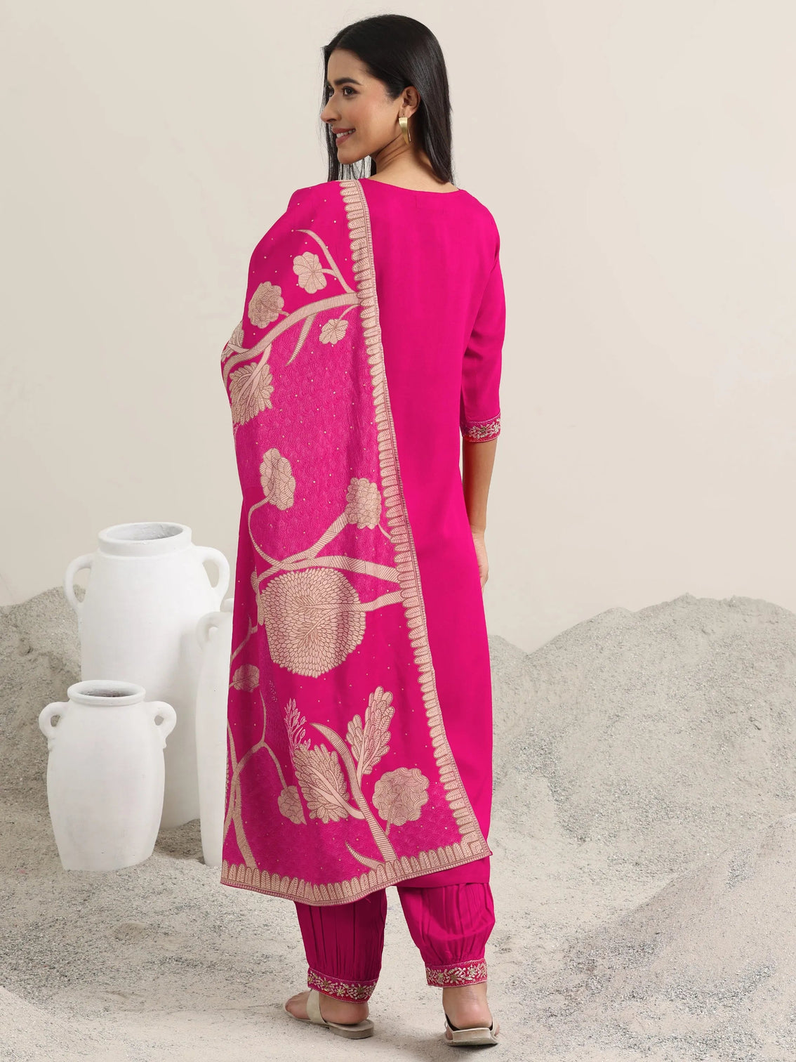 Mameraa Pink Embroidered Rayon Straight Suit With Dupatta