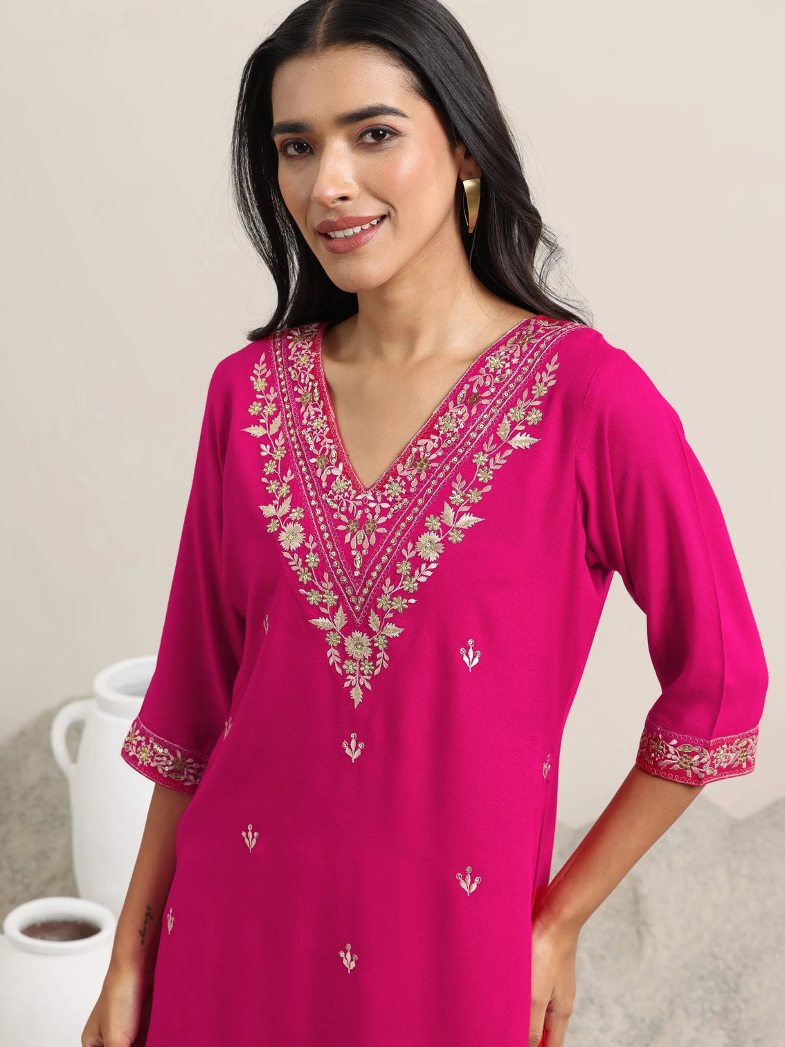 Mameraa Pink Embroidered Rayon Straight Suit With Dupatta