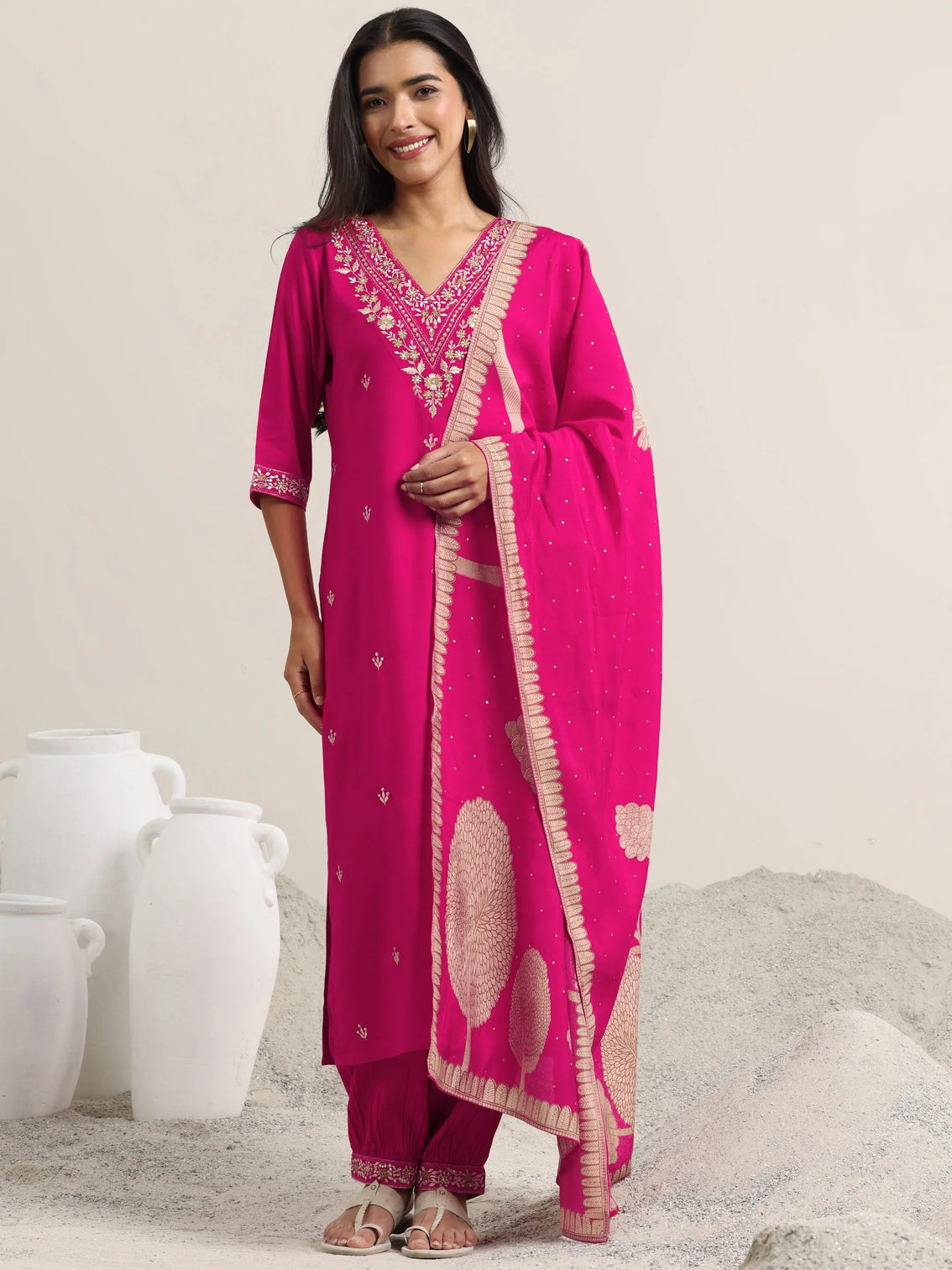 Mameraa Pink Embroidered Rayon Straight Suit With Dupatta