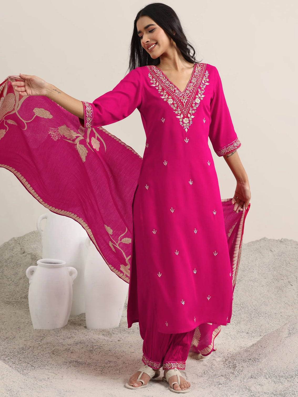 Mameraa Pink Embroidered Rayon Straight Suit With Dupatta