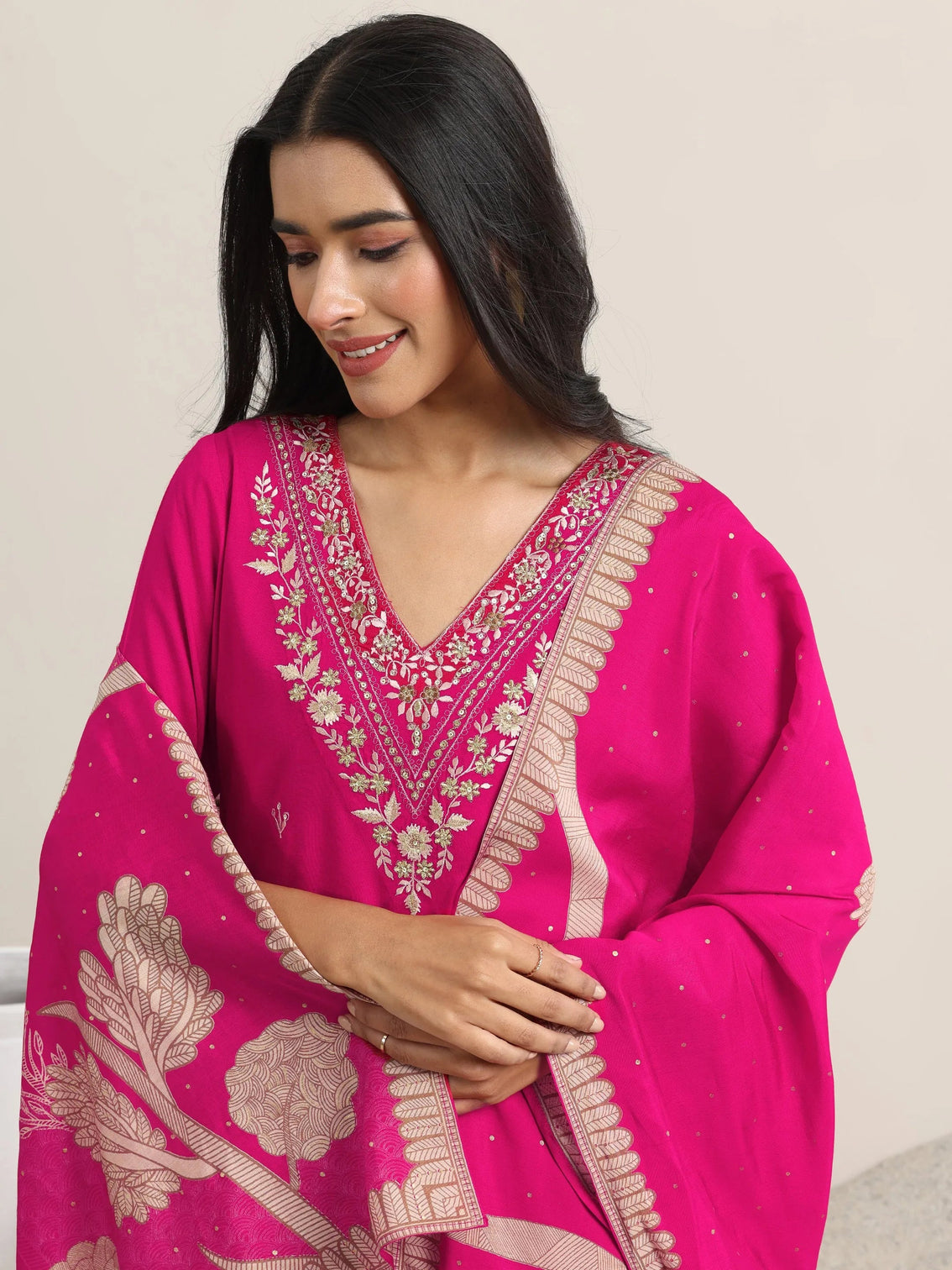 Mameraa Pink Embroidered Rayon Straight Suit With Dupatta