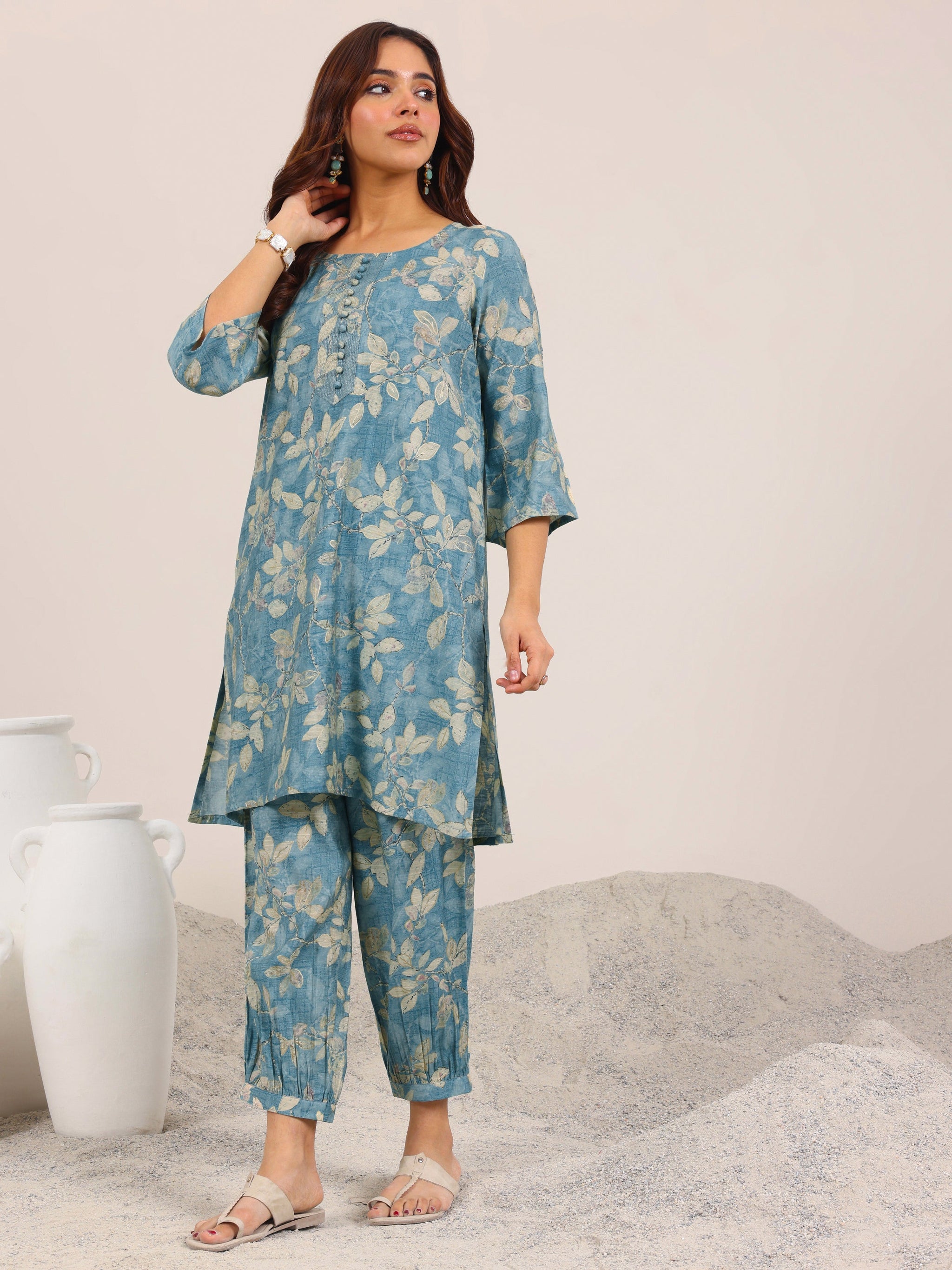Libas Blue Printed Silk Blend Co-Ord Sets