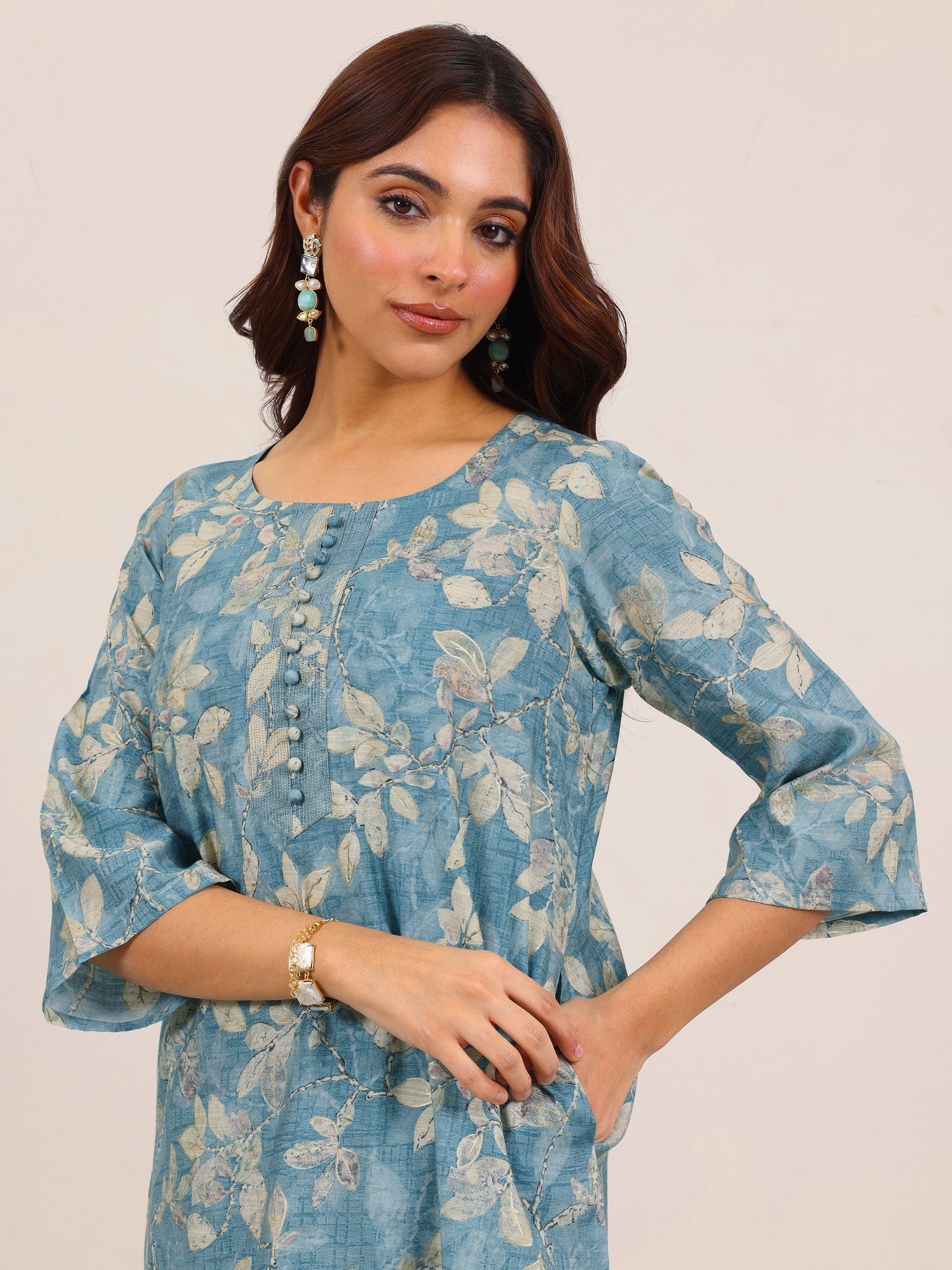 Libas Blue Printed Silk Blend Co-Ord Sets