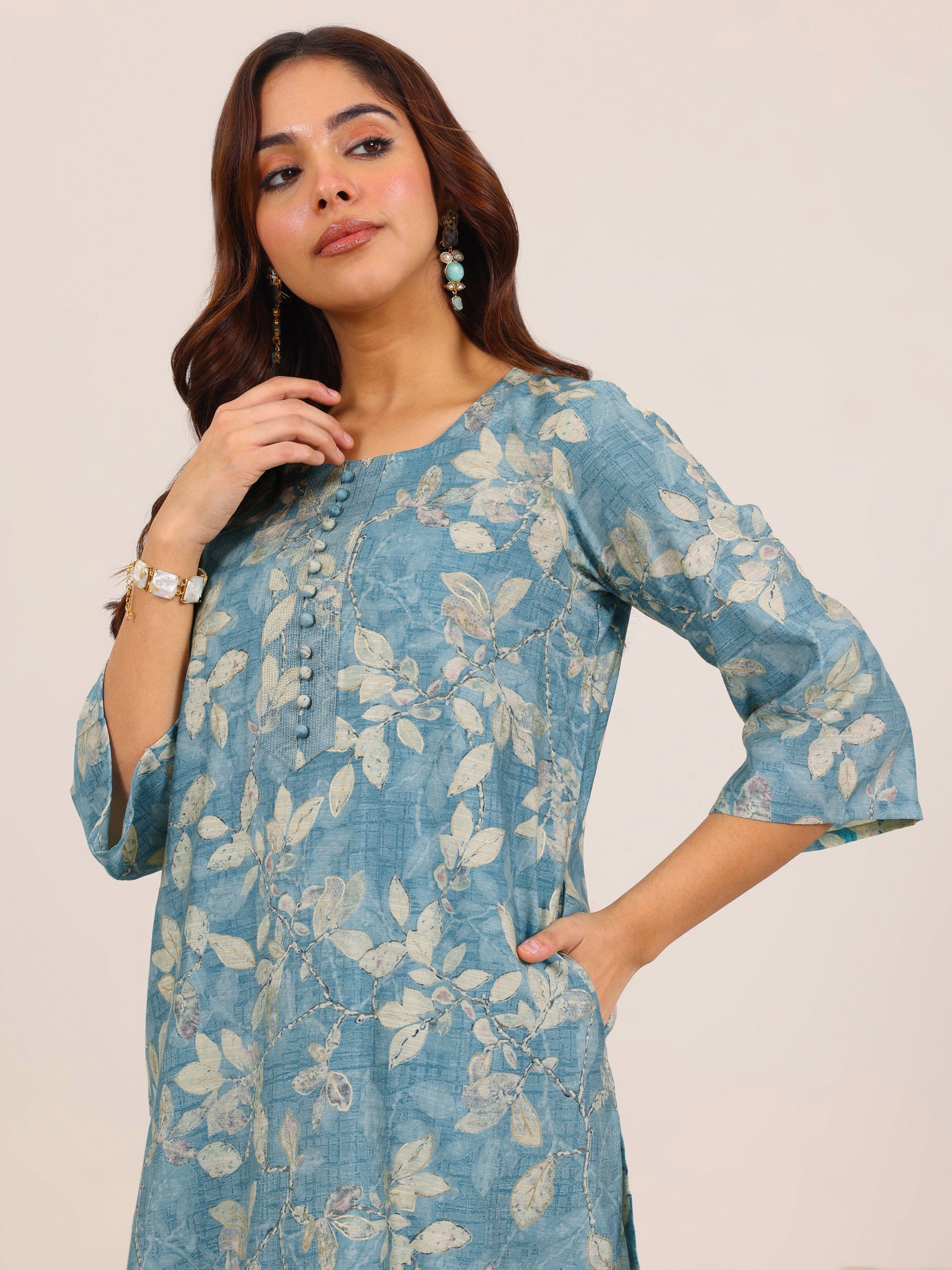 Libas Blue Printed Silk Blend Co-Ord Sets
