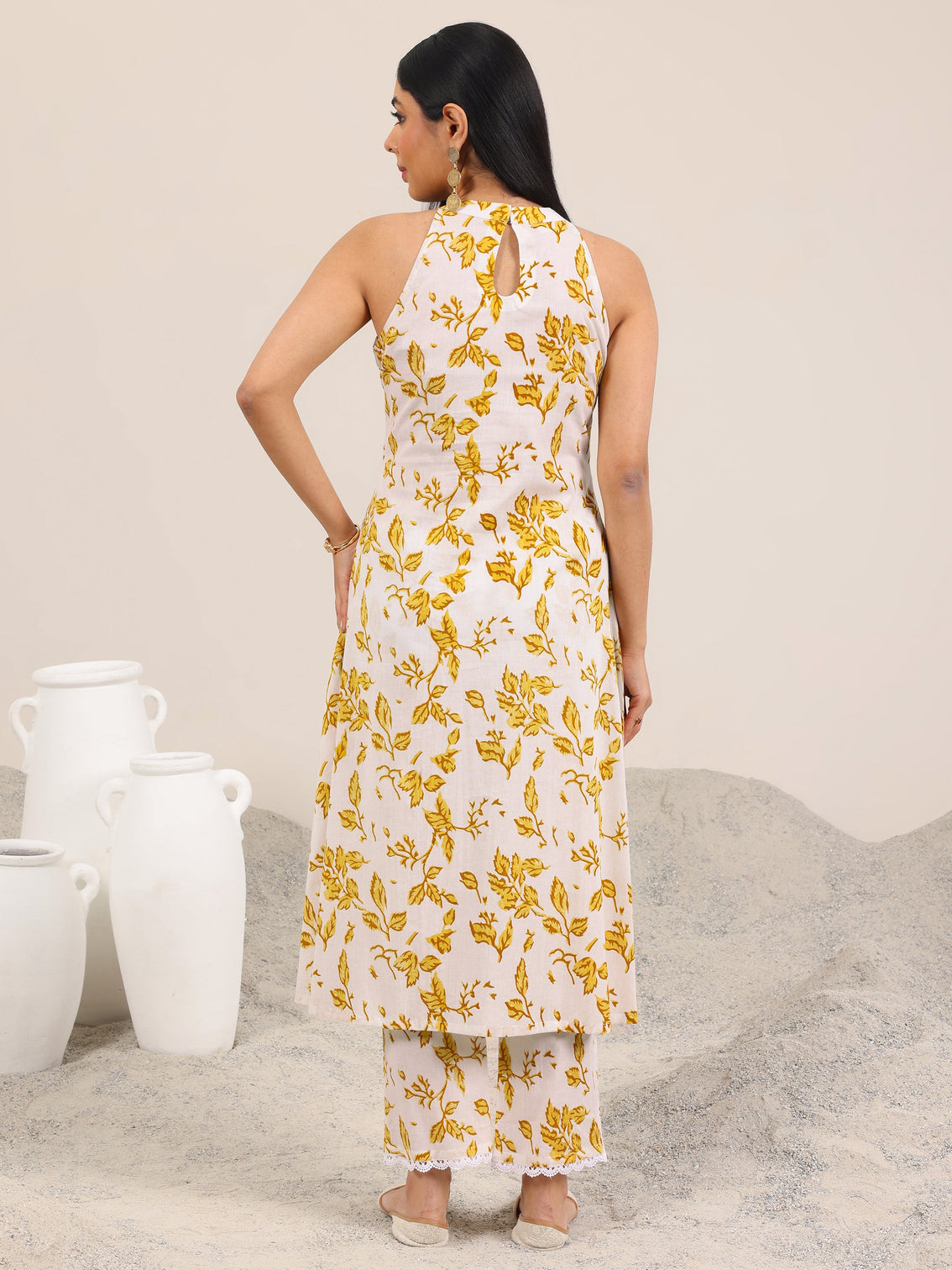 Mameraa Off White Printed Pure Cotton A-Line Kurta Set