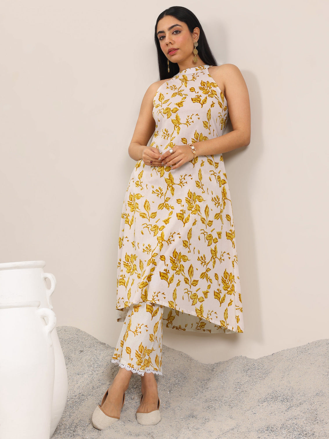 Mameraa Off White Printed Pure Cotton A-Line Kurta Set