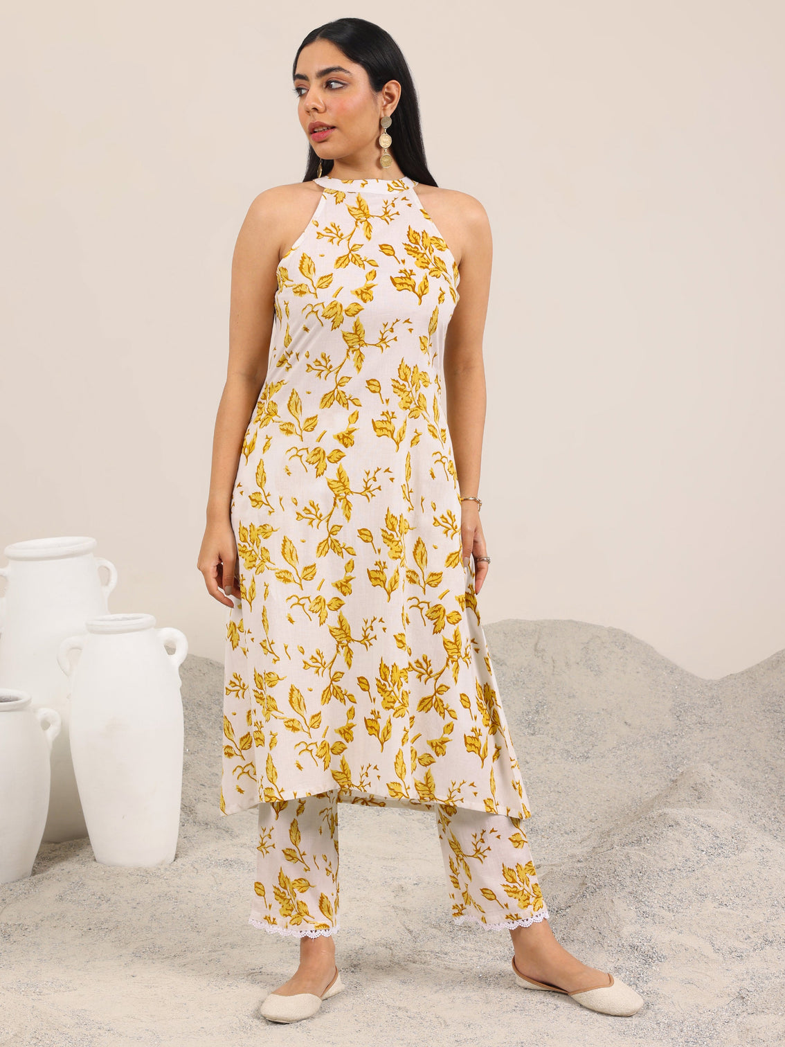 Mameraa Off White Printed Pure Cotton A-Line Kurta Set