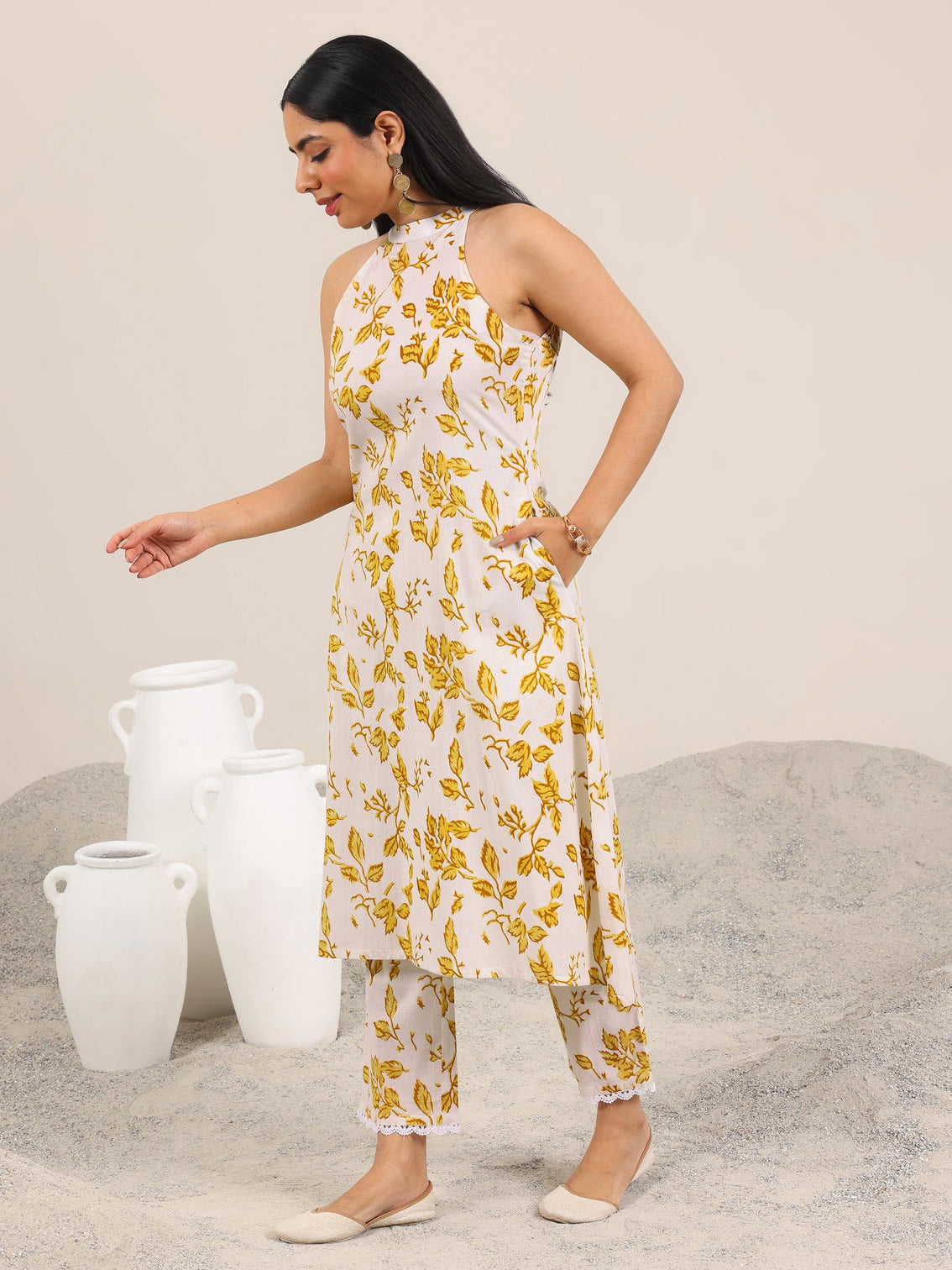 Mameraa Off White Printed Pure Cotton A-Line Kurta Set