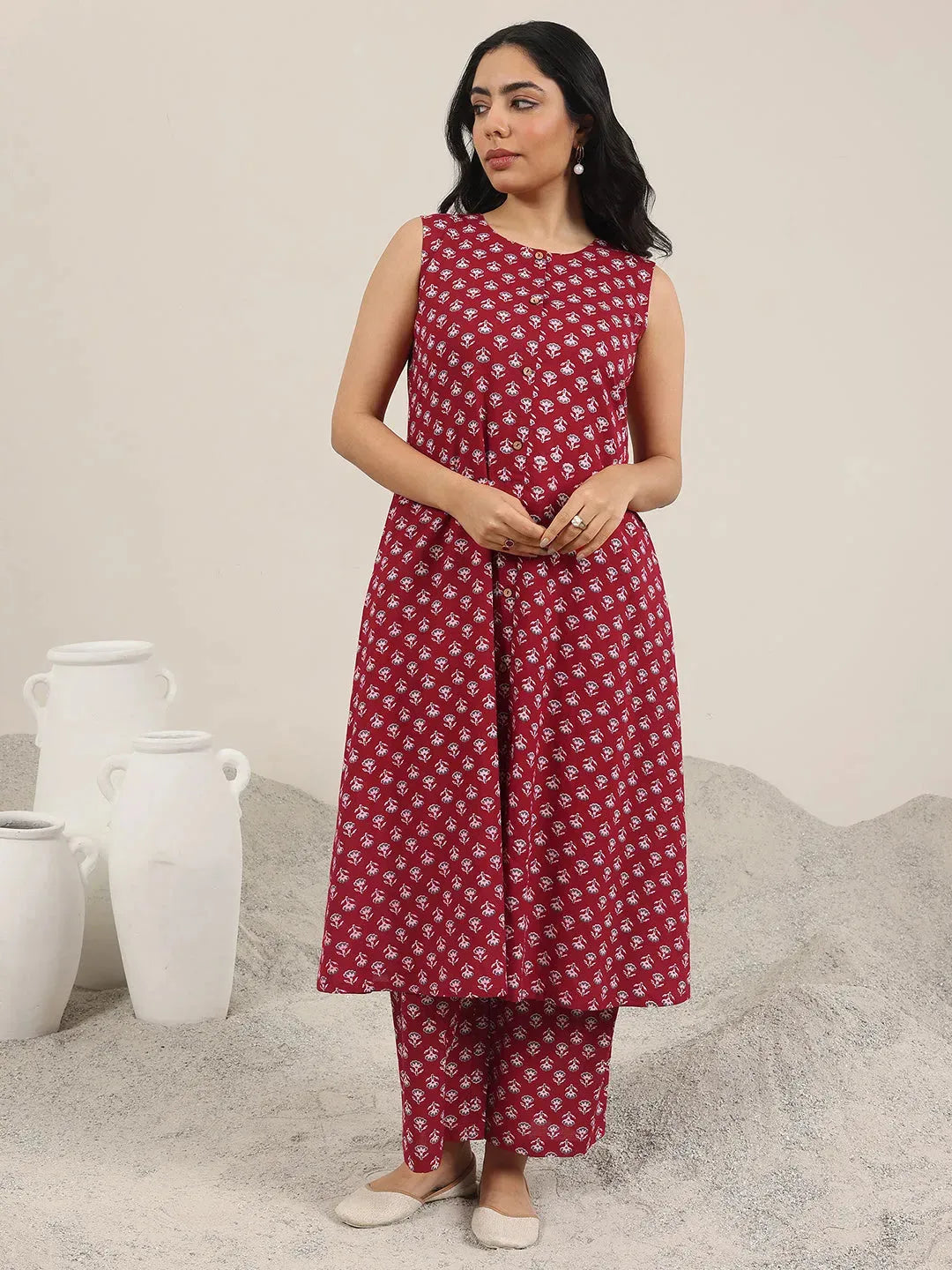 Mameraa Maroon Printed Pure Cotton A-Line Kurta Set