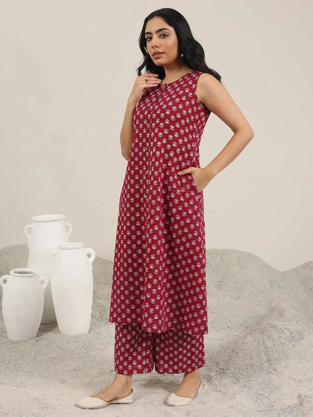 Mameraa Maroon Printed Pure Cotton A-Line Kurta Set
