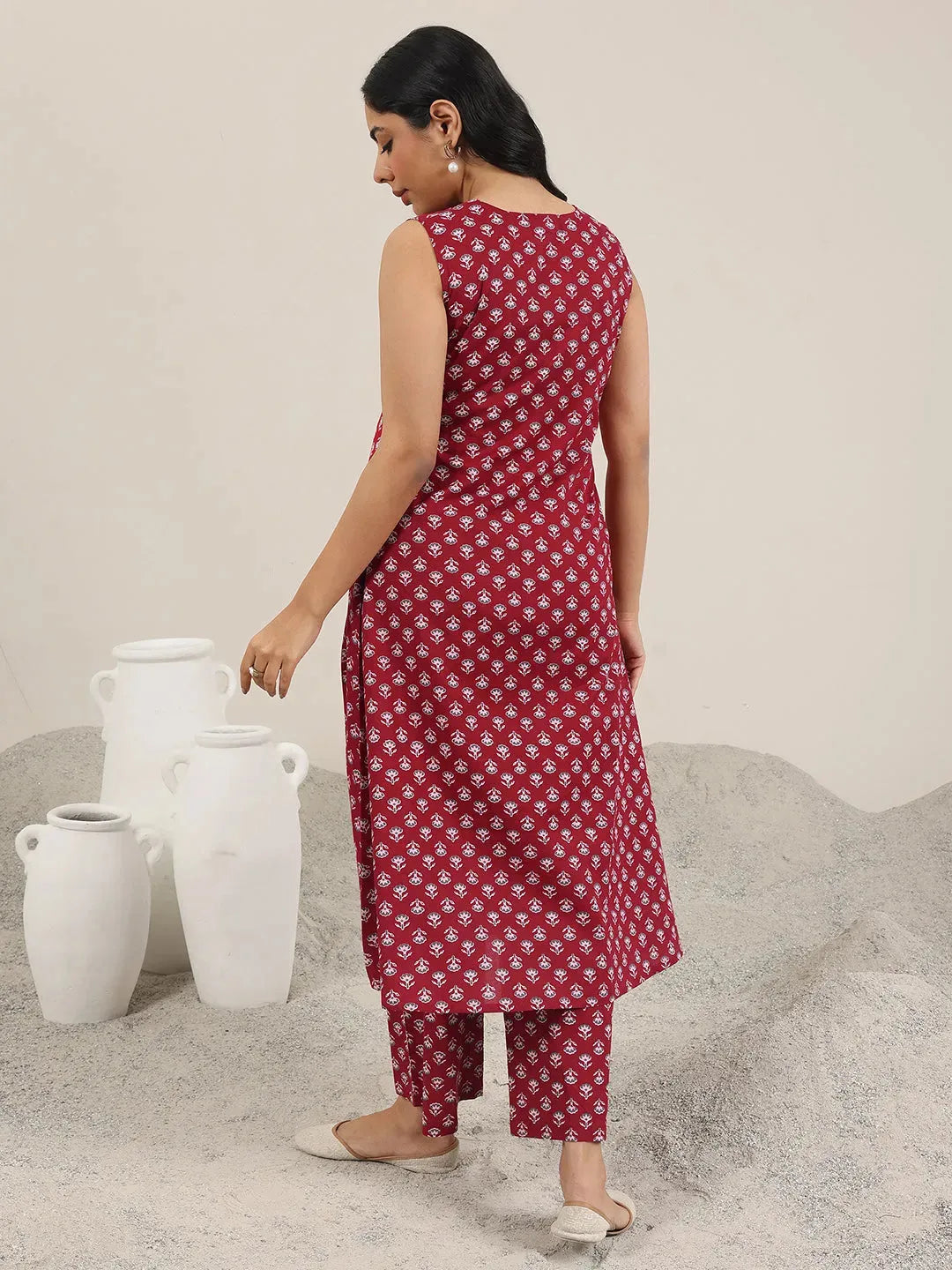 Mameraa Maroon Printed Pure Cotton A-Line Kurta Set