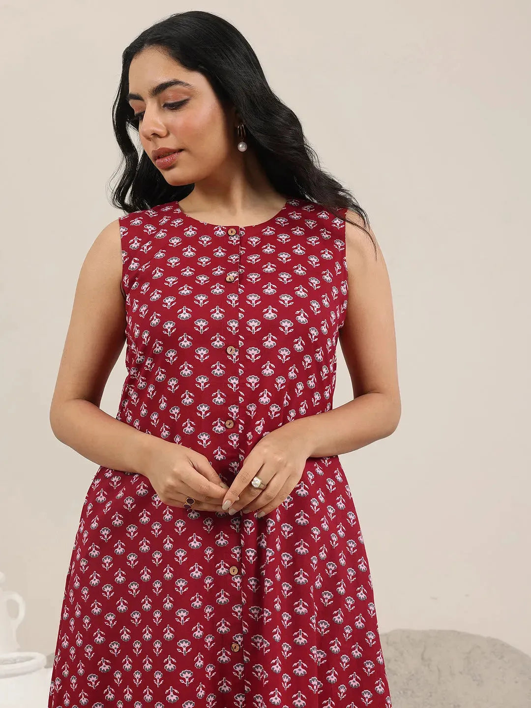 Mameraa Maroon Printed Pure Cotton A-Line Kurta Set