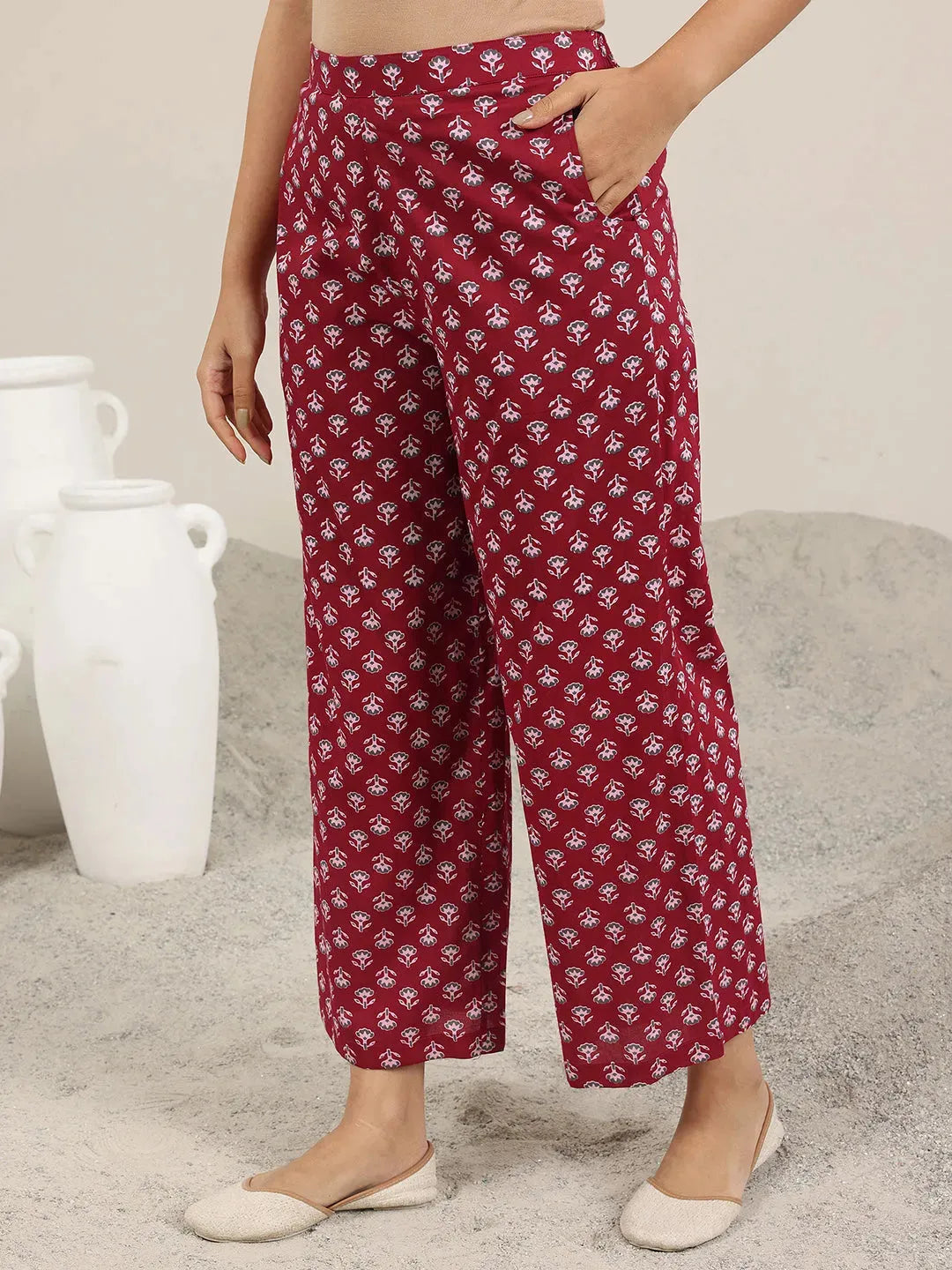 Mameraa Maroon Printed Pure Cotton A-Line Kurta Set