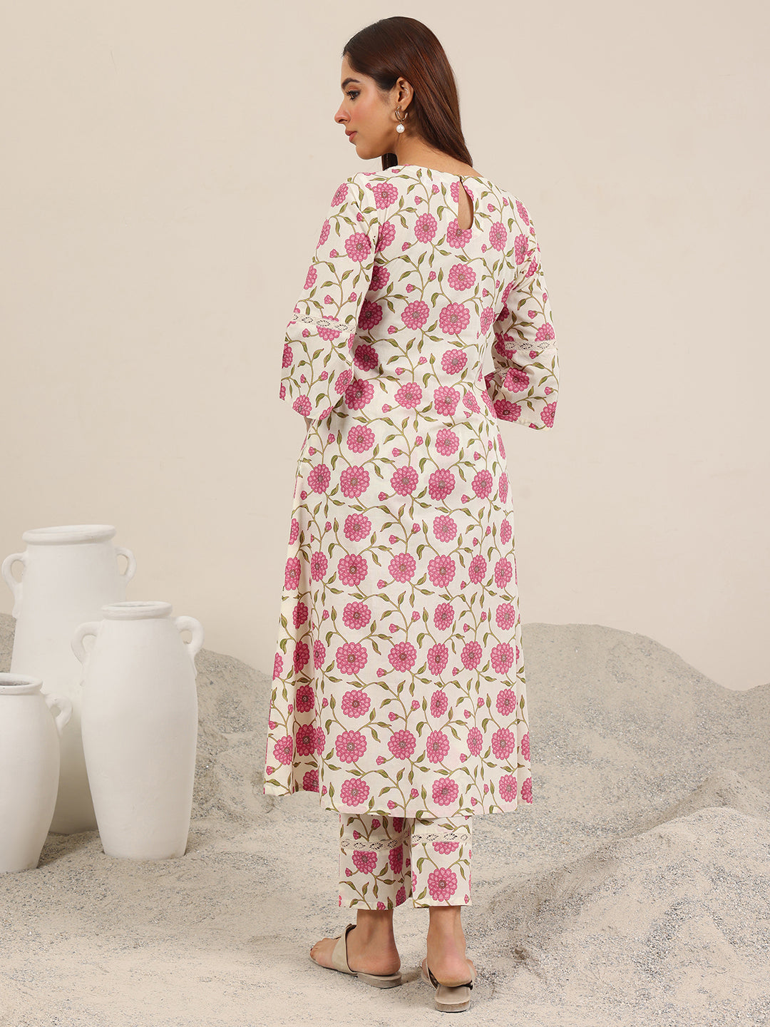 Mameraa Off White Printed Pure Cotton Straight Kurta Set