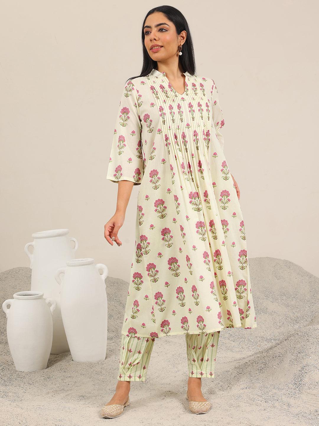 Mameraa Off White Printed Pure Cotton Straight Kurta Set