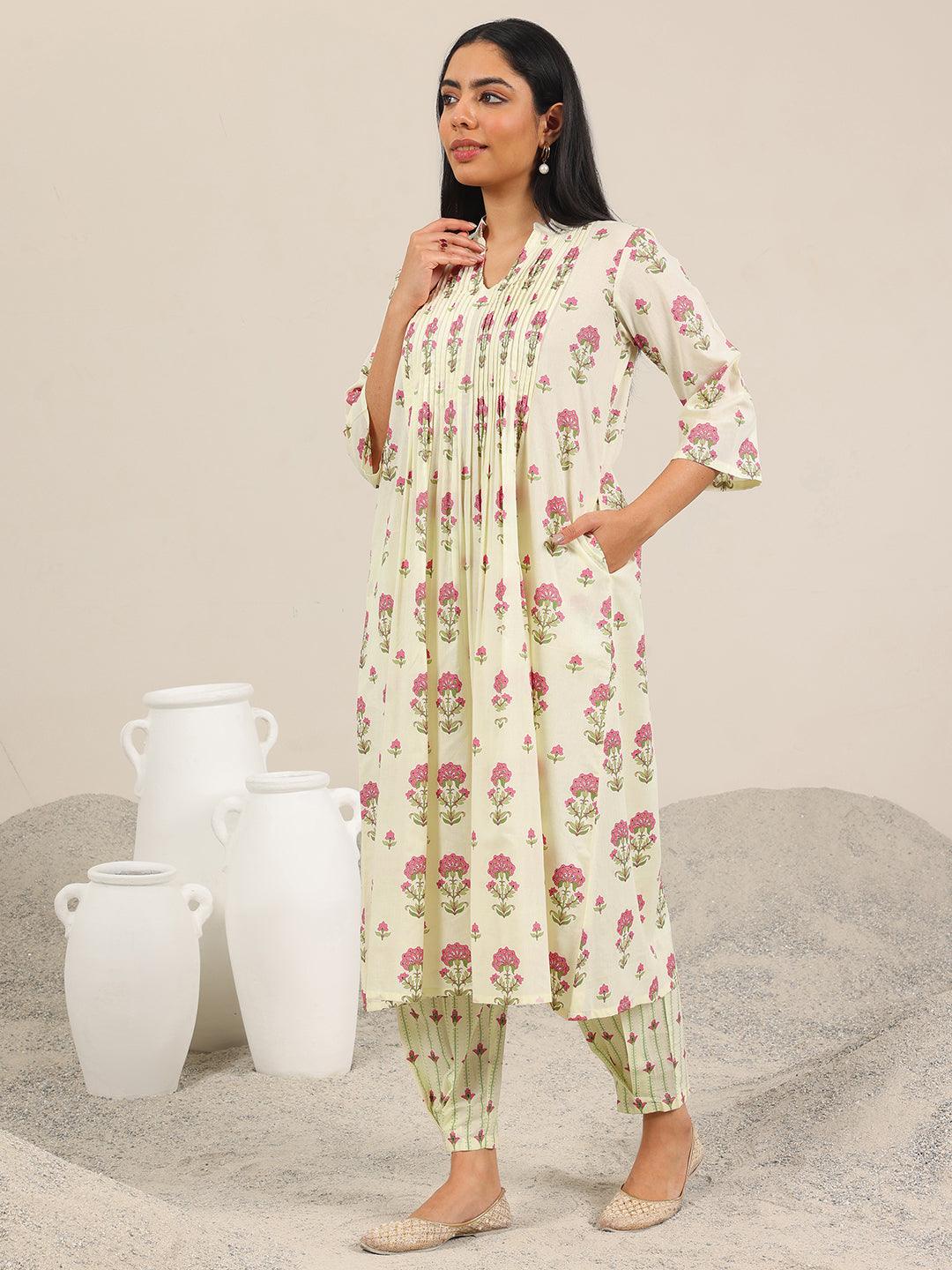 Mameraa Off White Printed Pure Cotton Straight Kurta Set