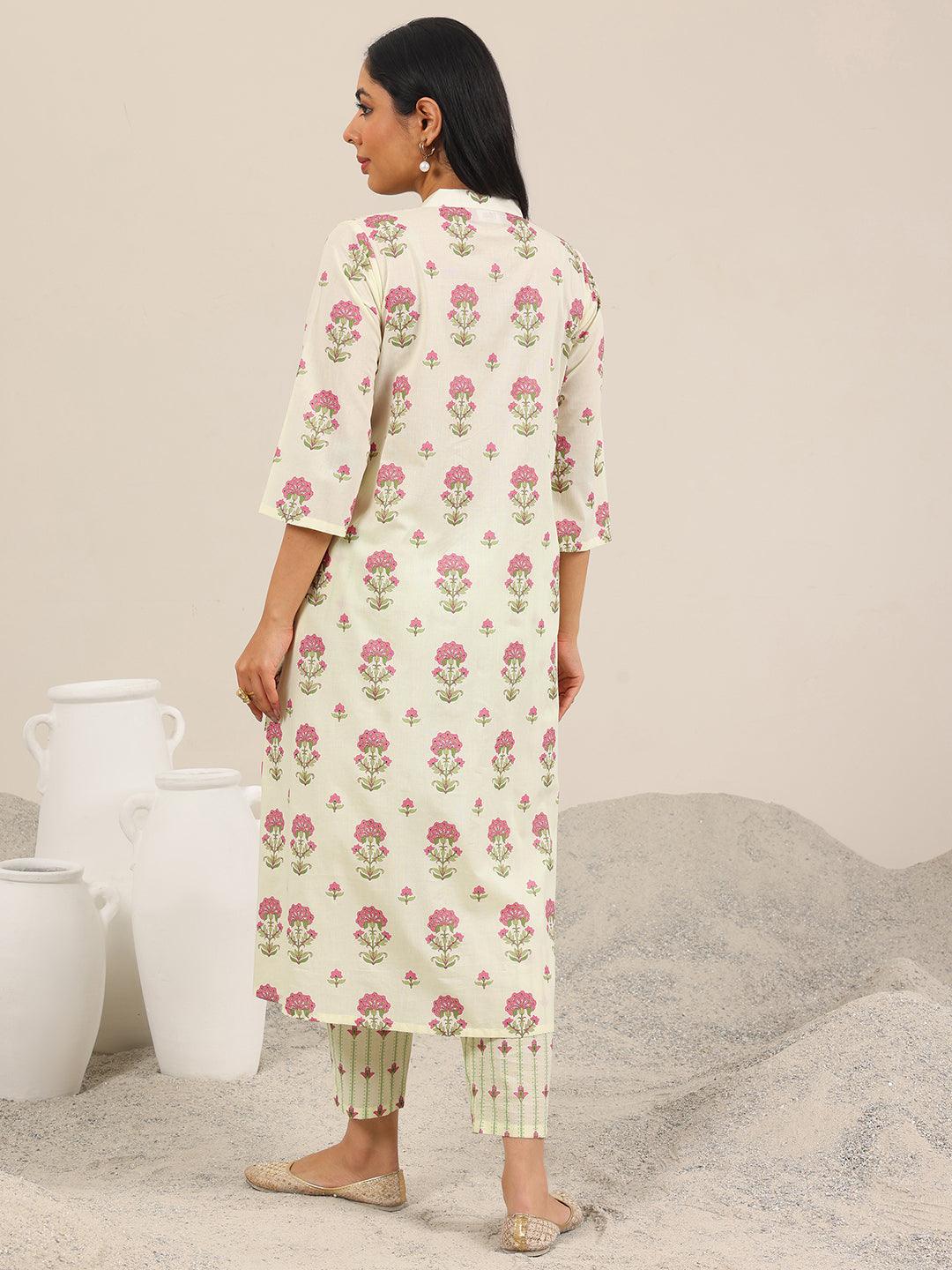Mameraa Off White Printed Pure Cotton Straight Kurta Set