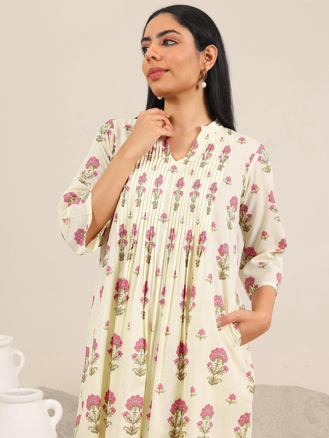 Mameraa Off White Printed Pure Cotton Straight Kurta Set
