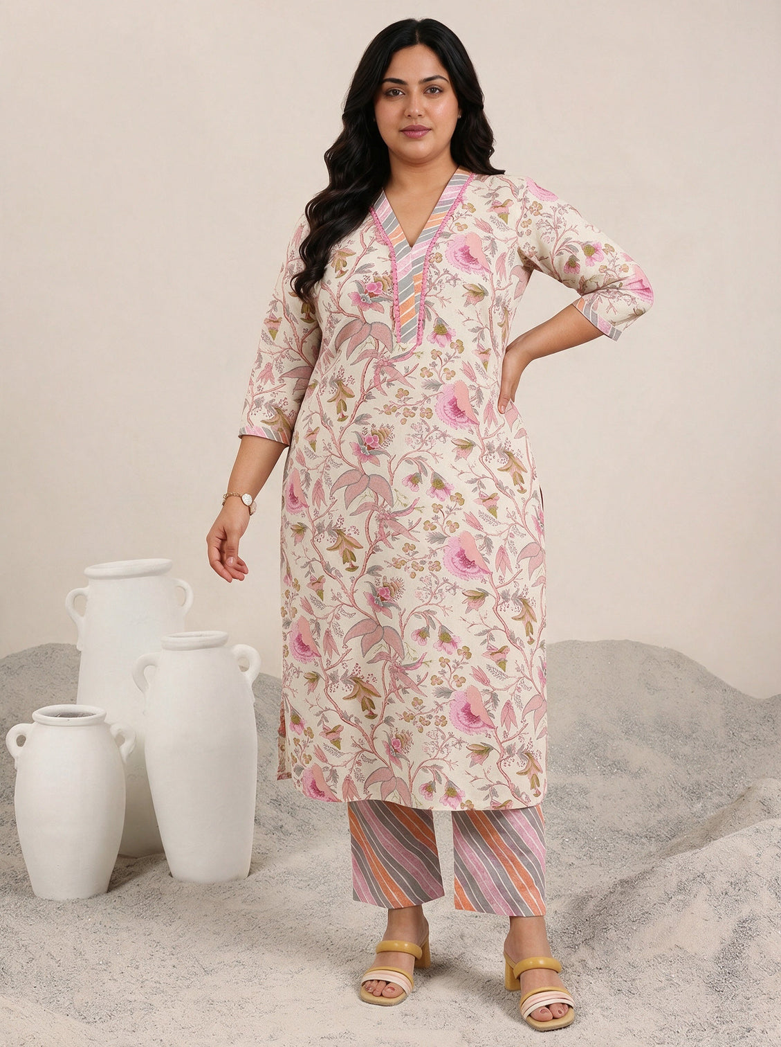 Plus Size Off White Printed Cotton Straight Kurta Set