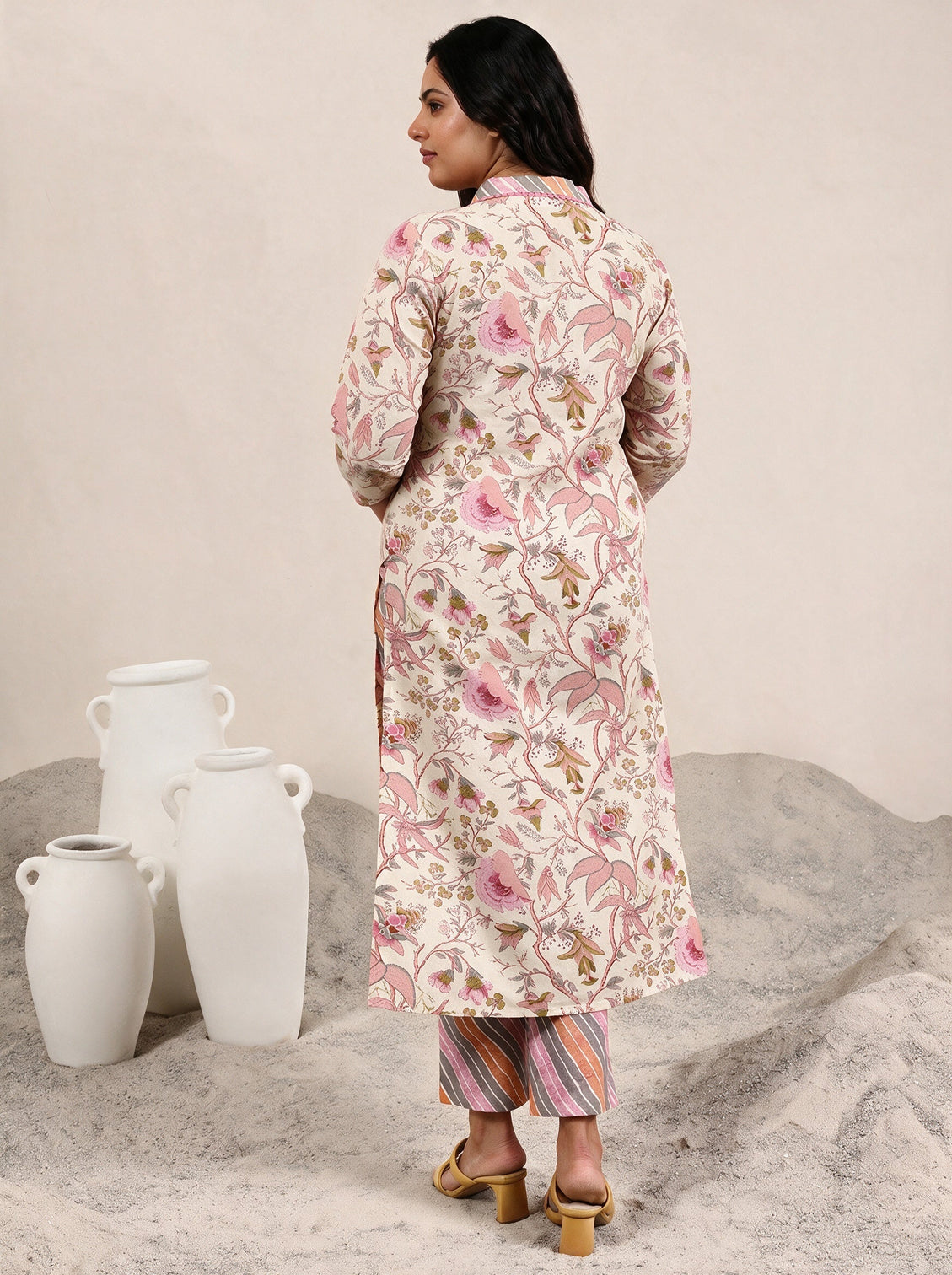 Plus Size Off White Printed Cotton Straight Kurta Set