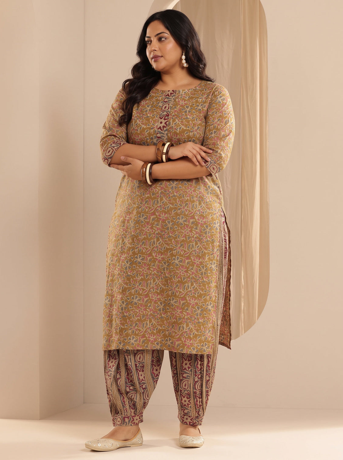 Plus Size Mustard Printed Cotton Straight Suit With Dupatta
