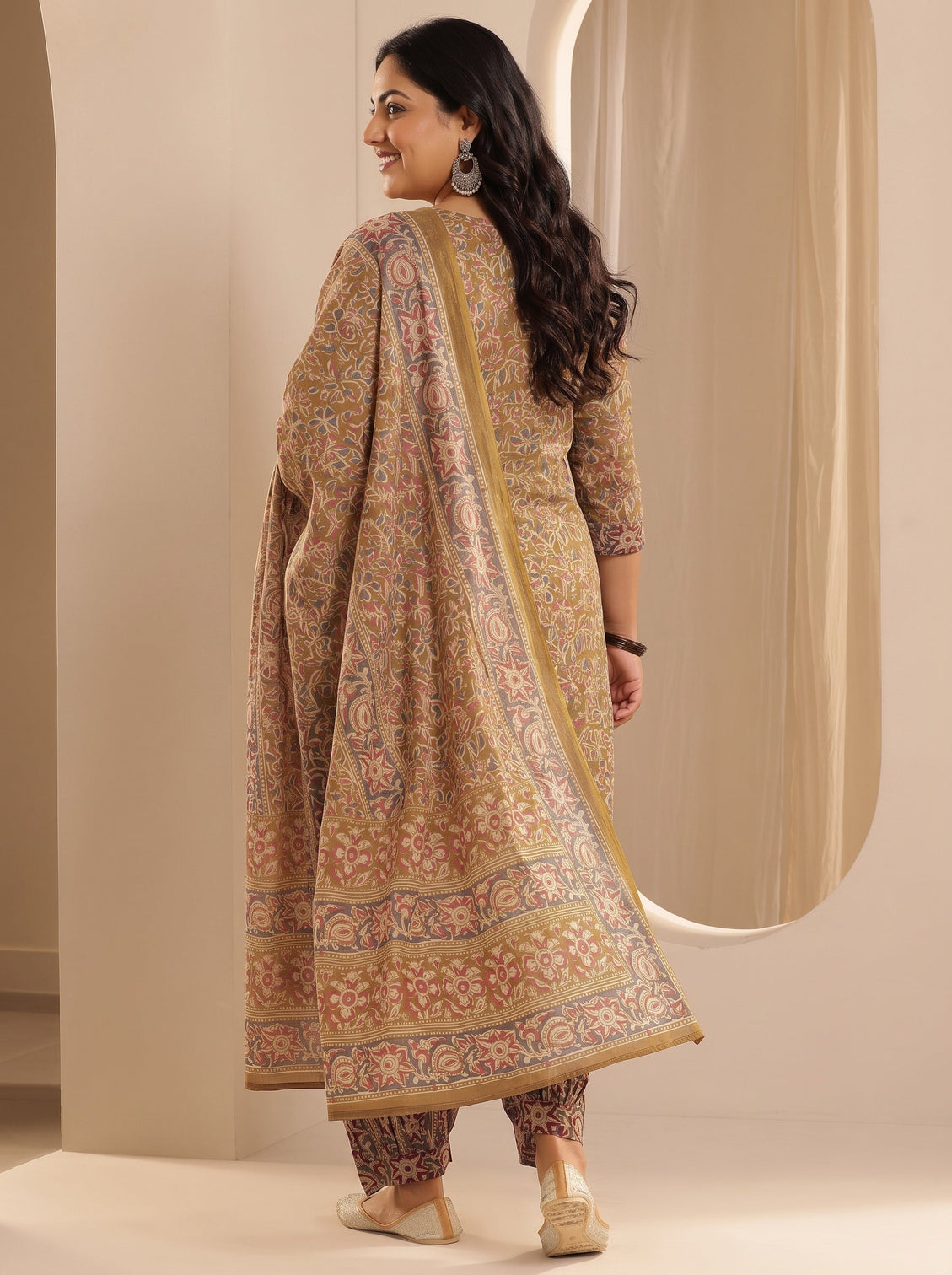 Plus Size Mustard Printed Cotton Straight Suit With Dupatta