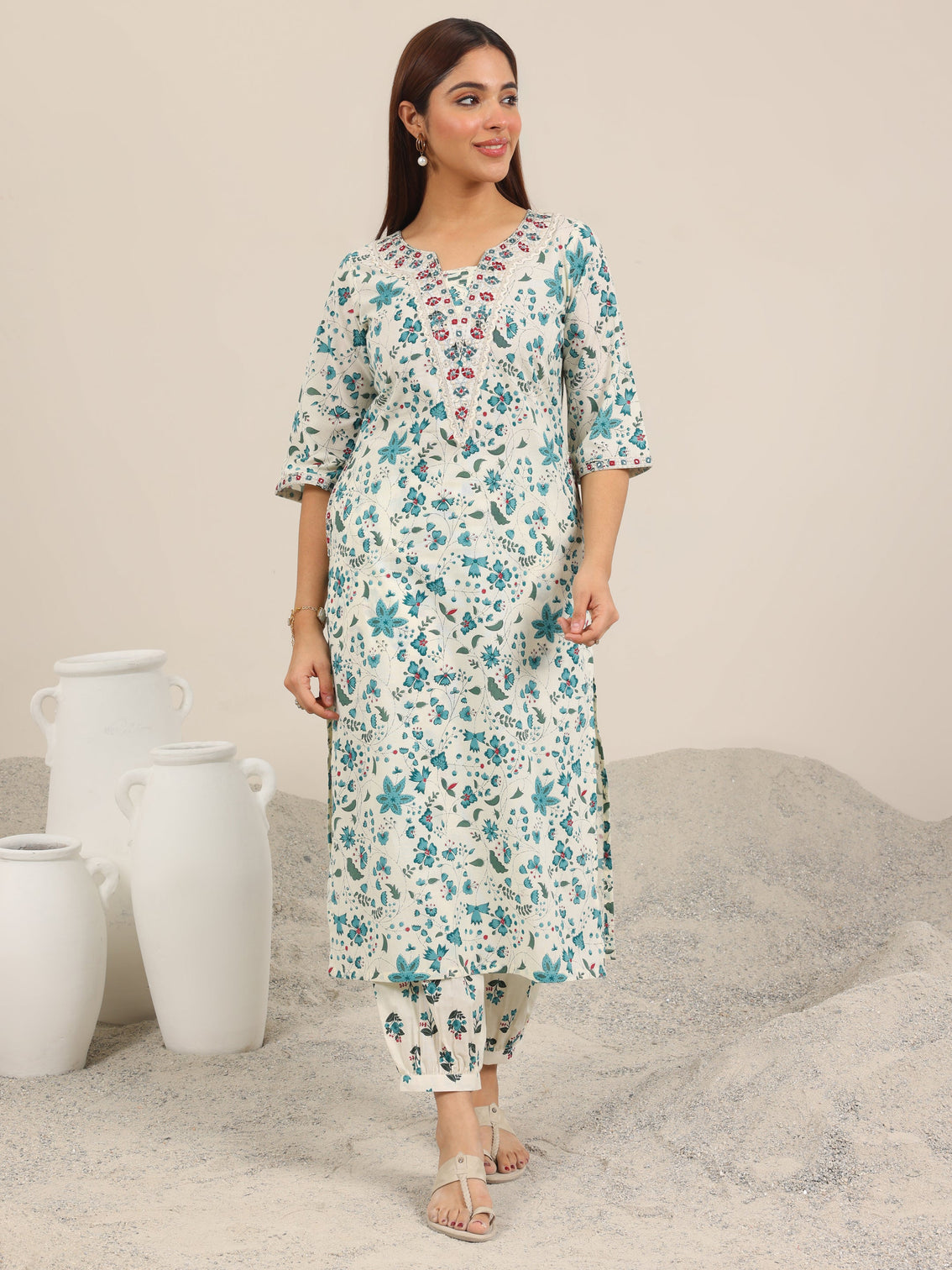 Mameraa Off White Printed Cotton Straight Kurta Set