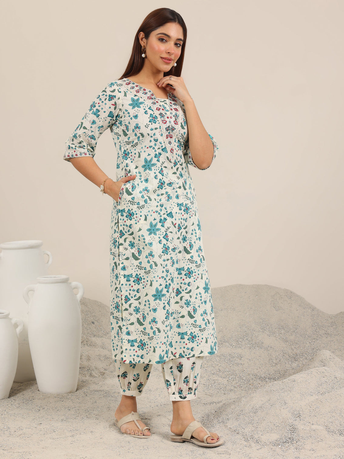 Mameraa Off White Printed Cotton Straight Kurta Set