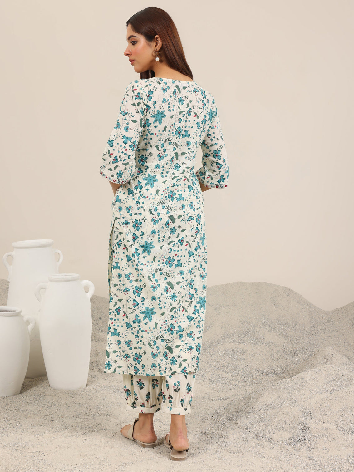 Mameraa Off White Printed Cotton Straight Kurta Set