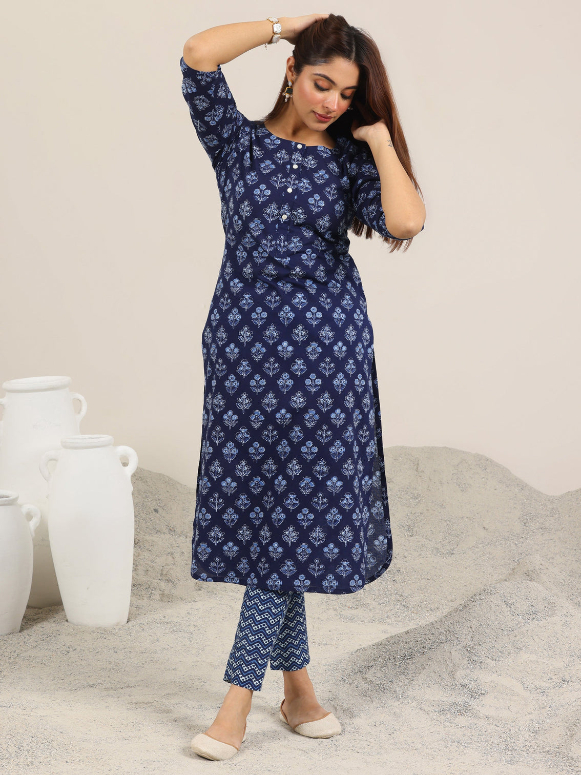 Mameraa Blue Printed Cotton Straight Kurta Set - Mameraa