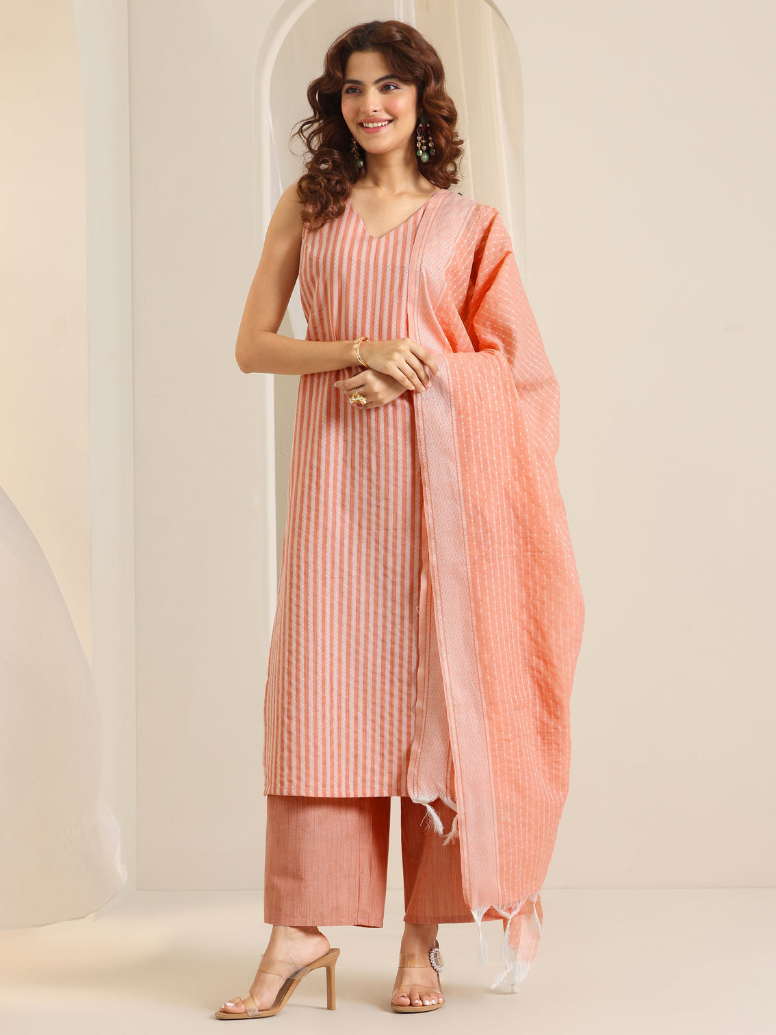 Mameraa Peach Woven Design Cotton Blend Straight Suit Set With Dupatta