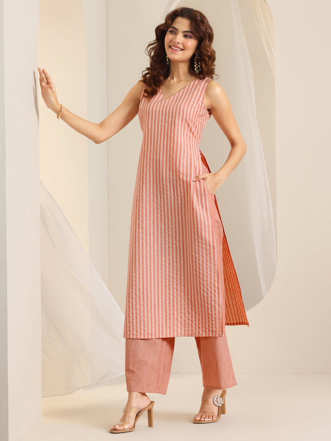 Mameraa Peach Woven Design Cotton Blend Straight Suit Set With Dupatta