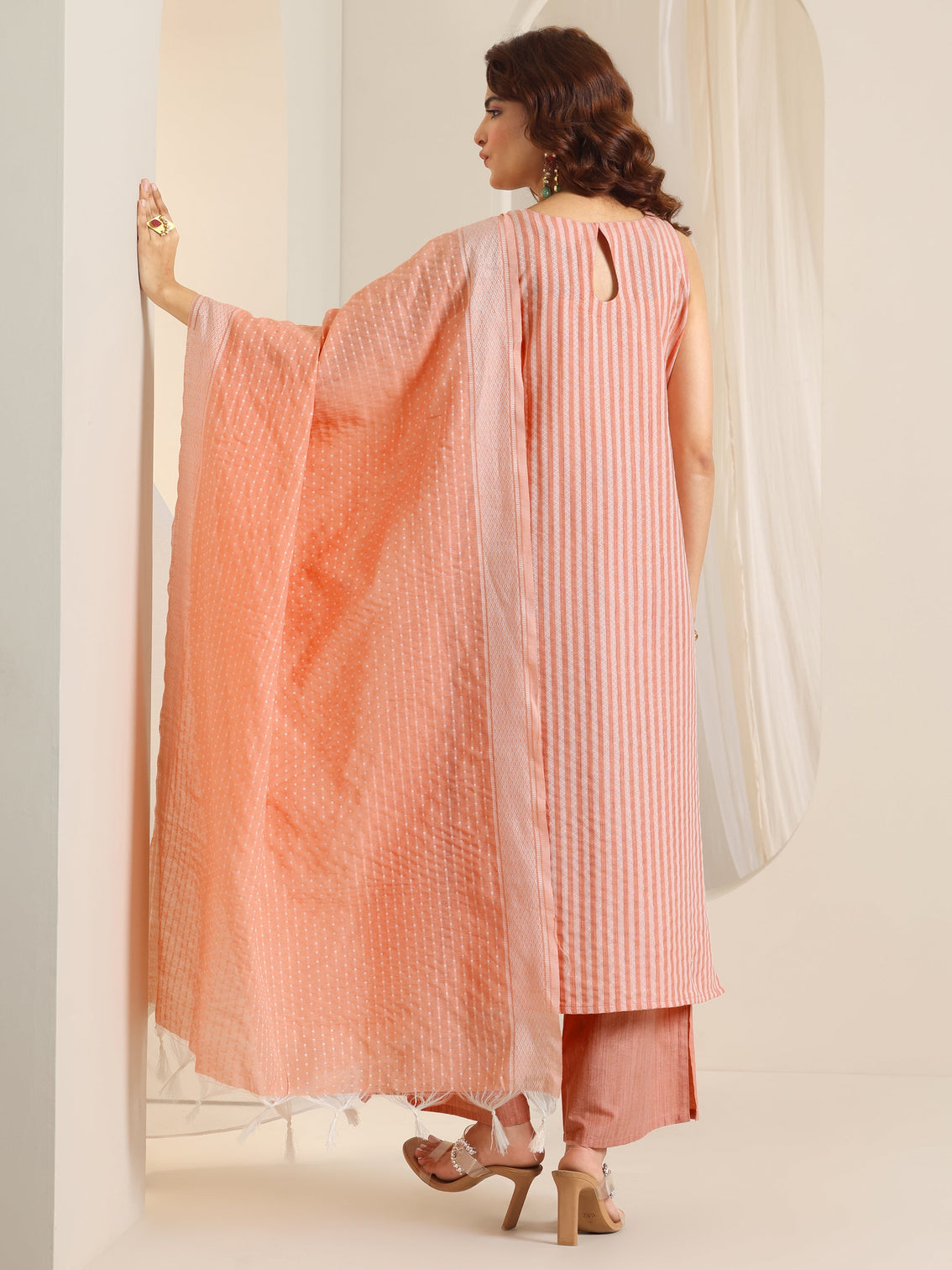 Mameraa Peach Woven Design Cotton Blend Straight Suit Set With Dupatta