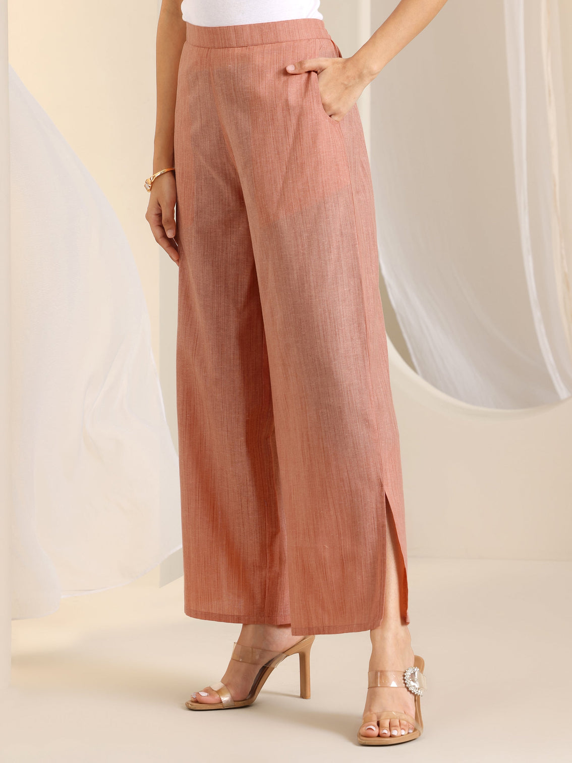 Mameraa Peach Woven Design Cotton Blend Straight Suit Set With Dupatta