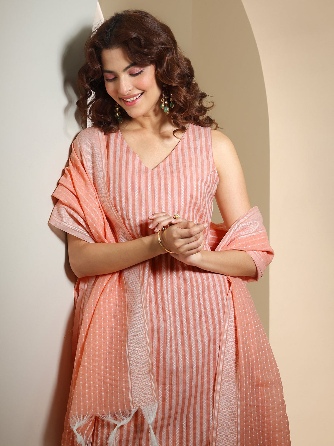 Mameraa Peach Woven Design Cotton Blend Straight Suit Set With Dupatta