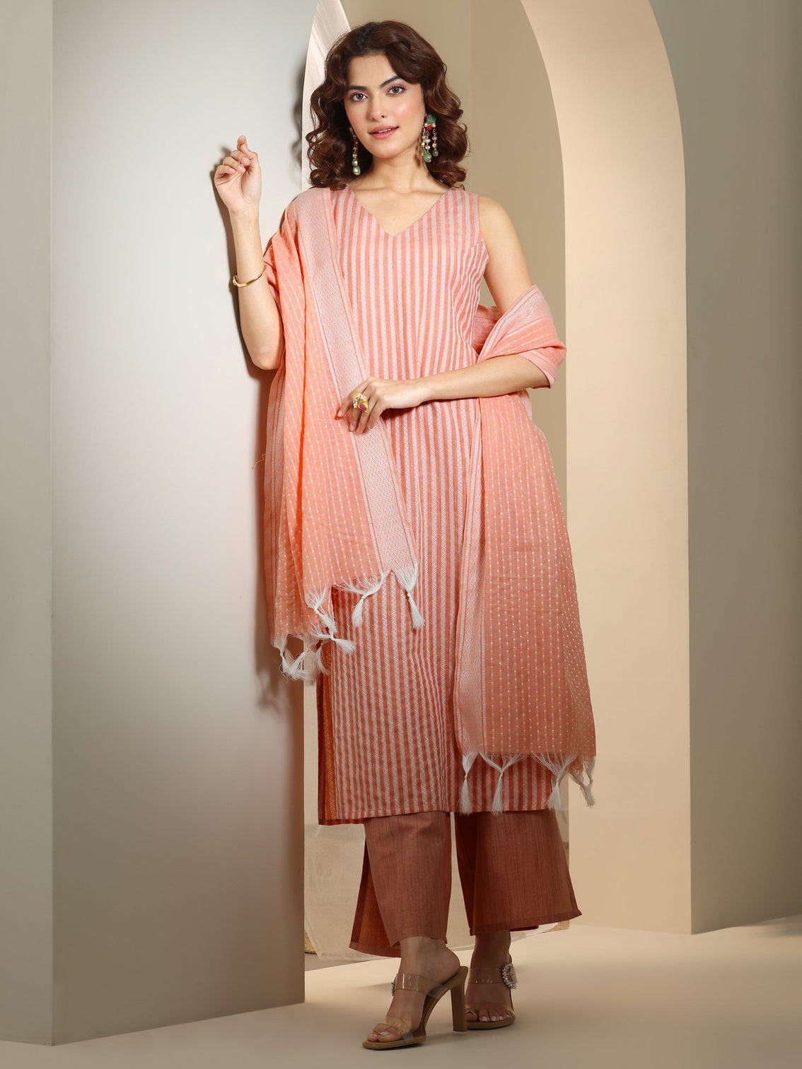 Mameraa Peach Woven Design Cotton Blend Straight Suit Set With Dupatta