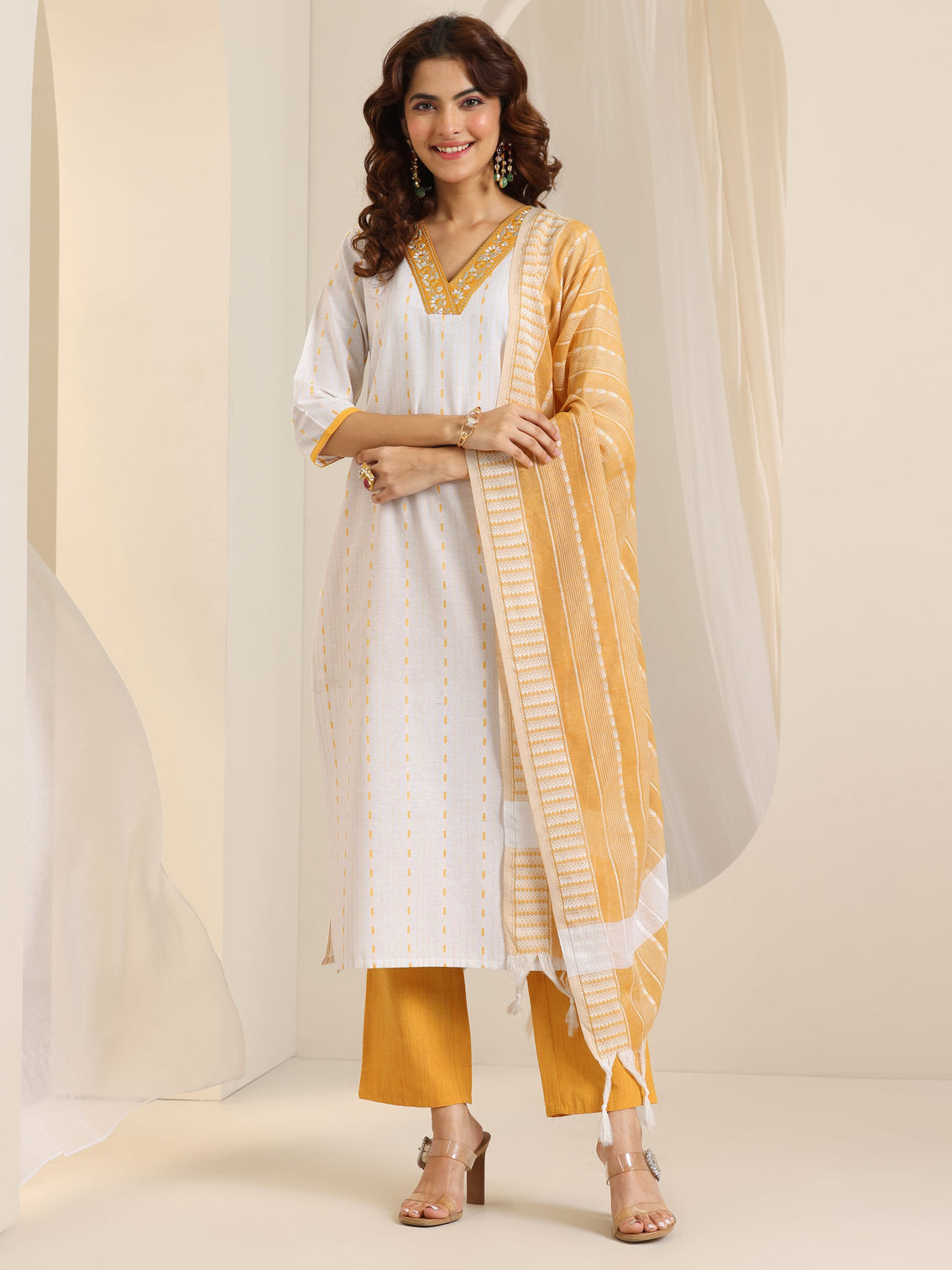 Mameraa White Woven Design Cotton Blend Straight Suit Set With Dupatta