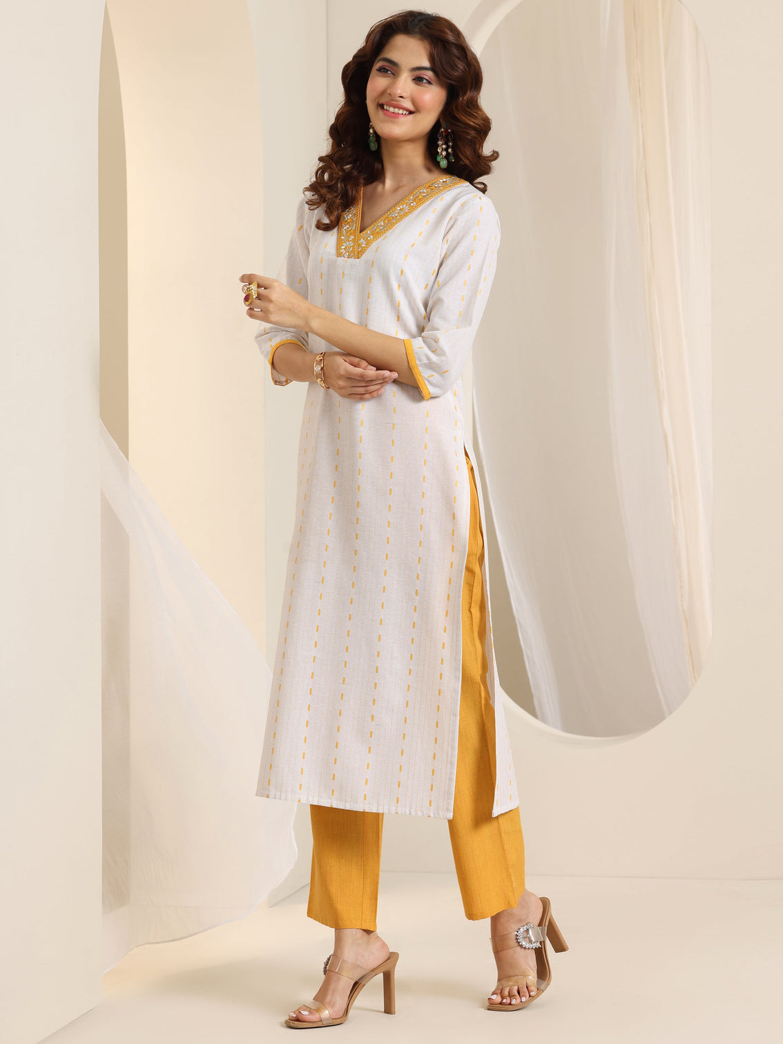 Mameraa White Woven Design Cotton Blend Straight Suit Set With Dupatta