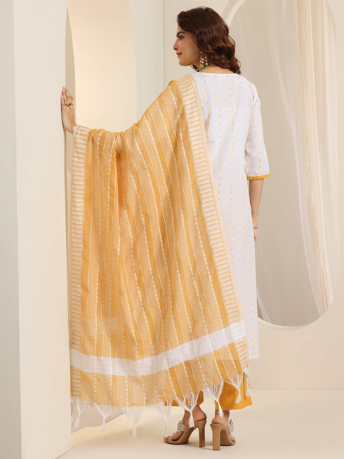 Mameraa White Woven Design Cotton Blend Straight Suit Set With Dupatta
