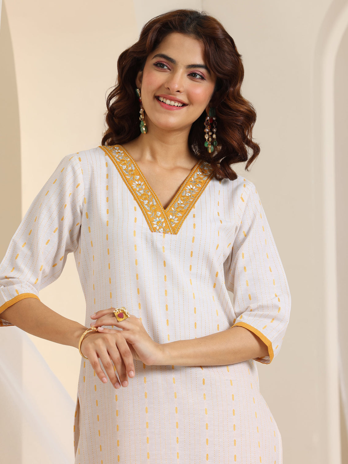 Mameraa White Woven Design Cotton Blend Straight Suit Set With Dupatta