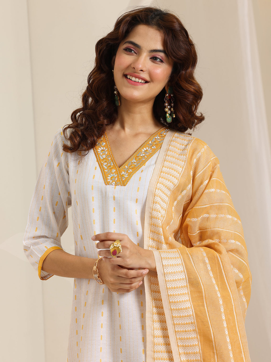 Mameraa White Woven Design Cotton Blend Straight Suit Set With Dupatta