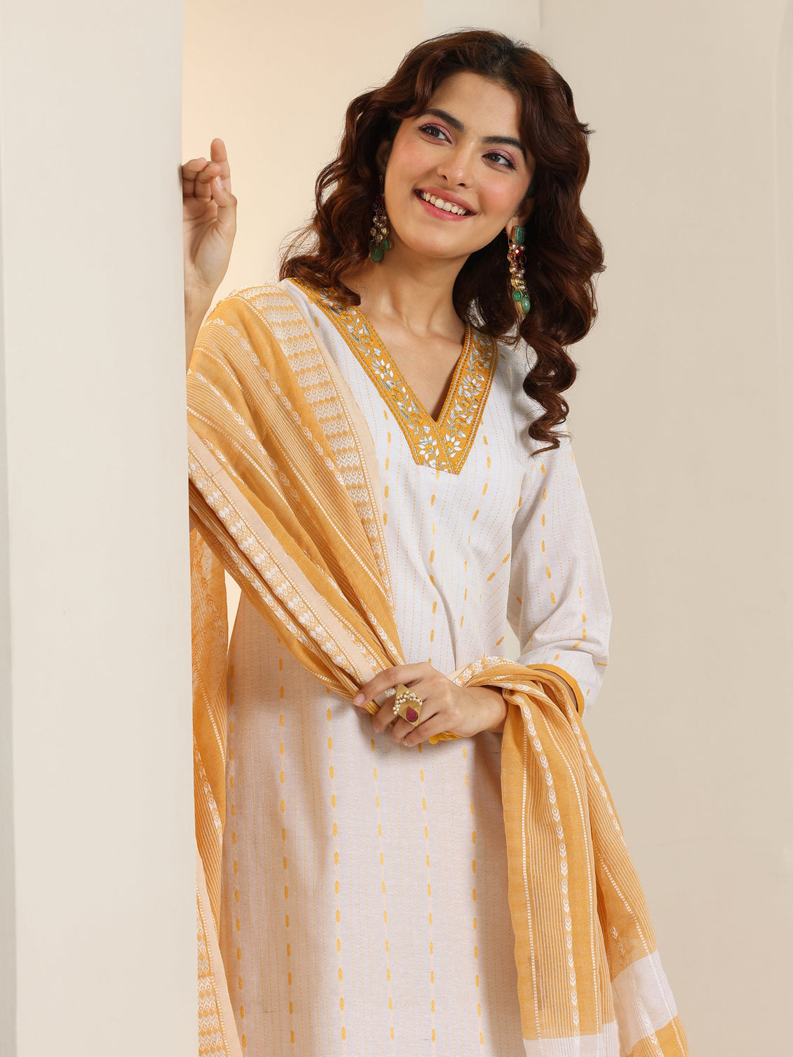 Mameraa White Woven Design Cotton Blend Straight Suit Set With Dupatta