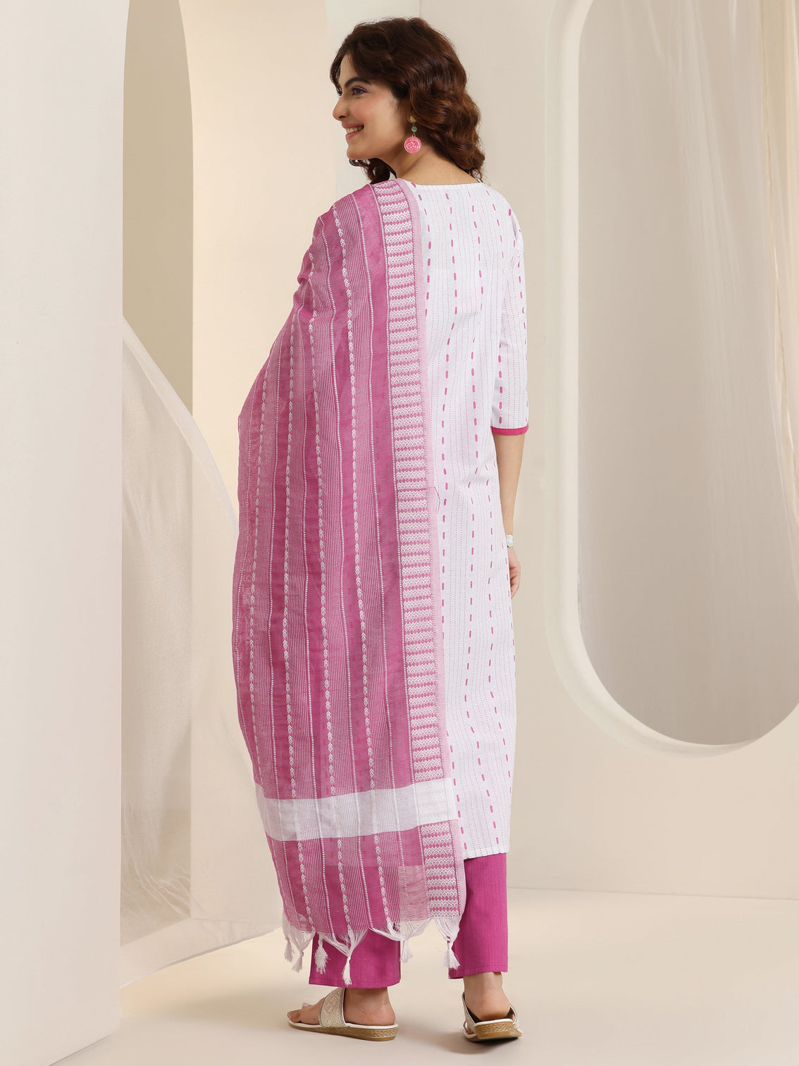Mameraa White Woven Design Cotton Blend Straight Suit Set With Dupatta