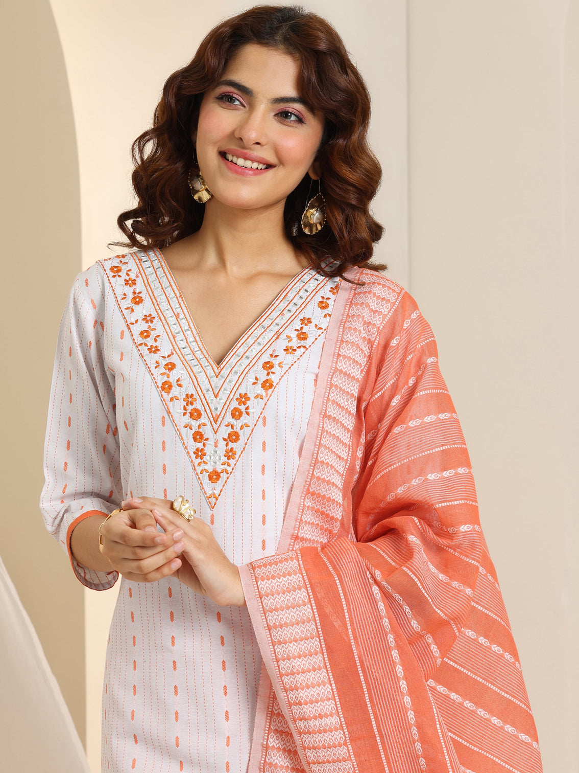 Mameraa White Woven Design Cotton Blend Straight Suit Set With Dupatta
