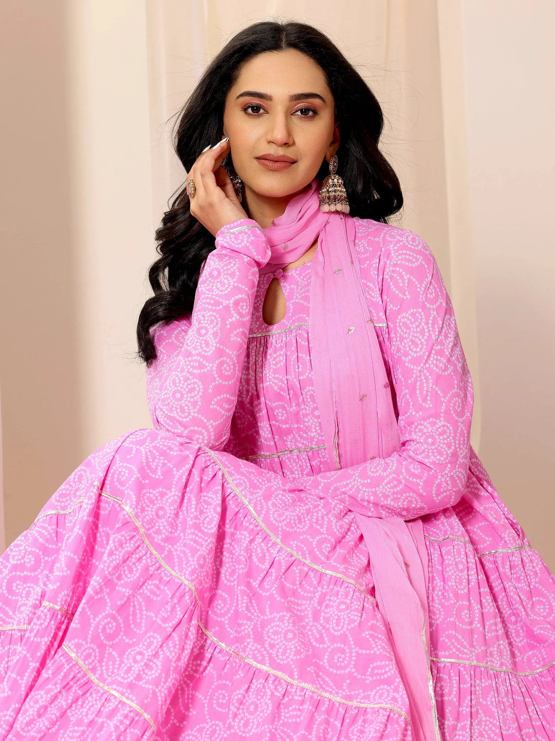 Mameraa Pink Floral Printed Cotton Flared Suit Set With Dupatta