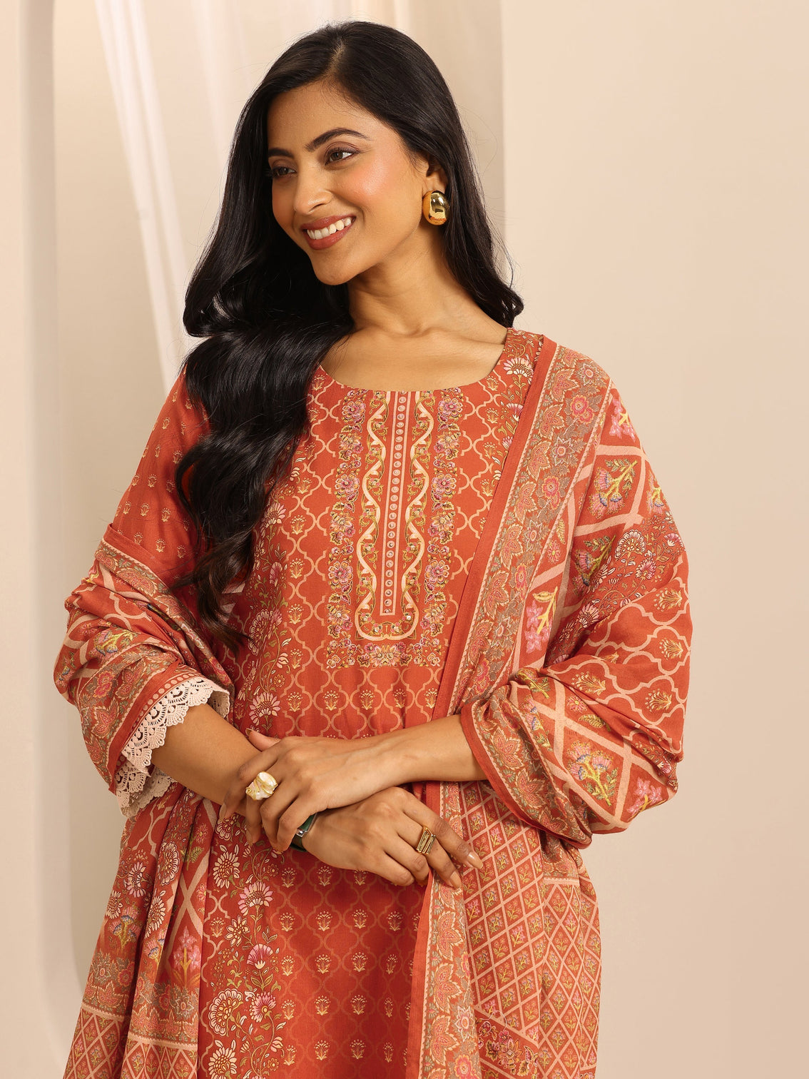 Mameraa Orange Printed Cotton Blend Straight Suit Set With Dupatta