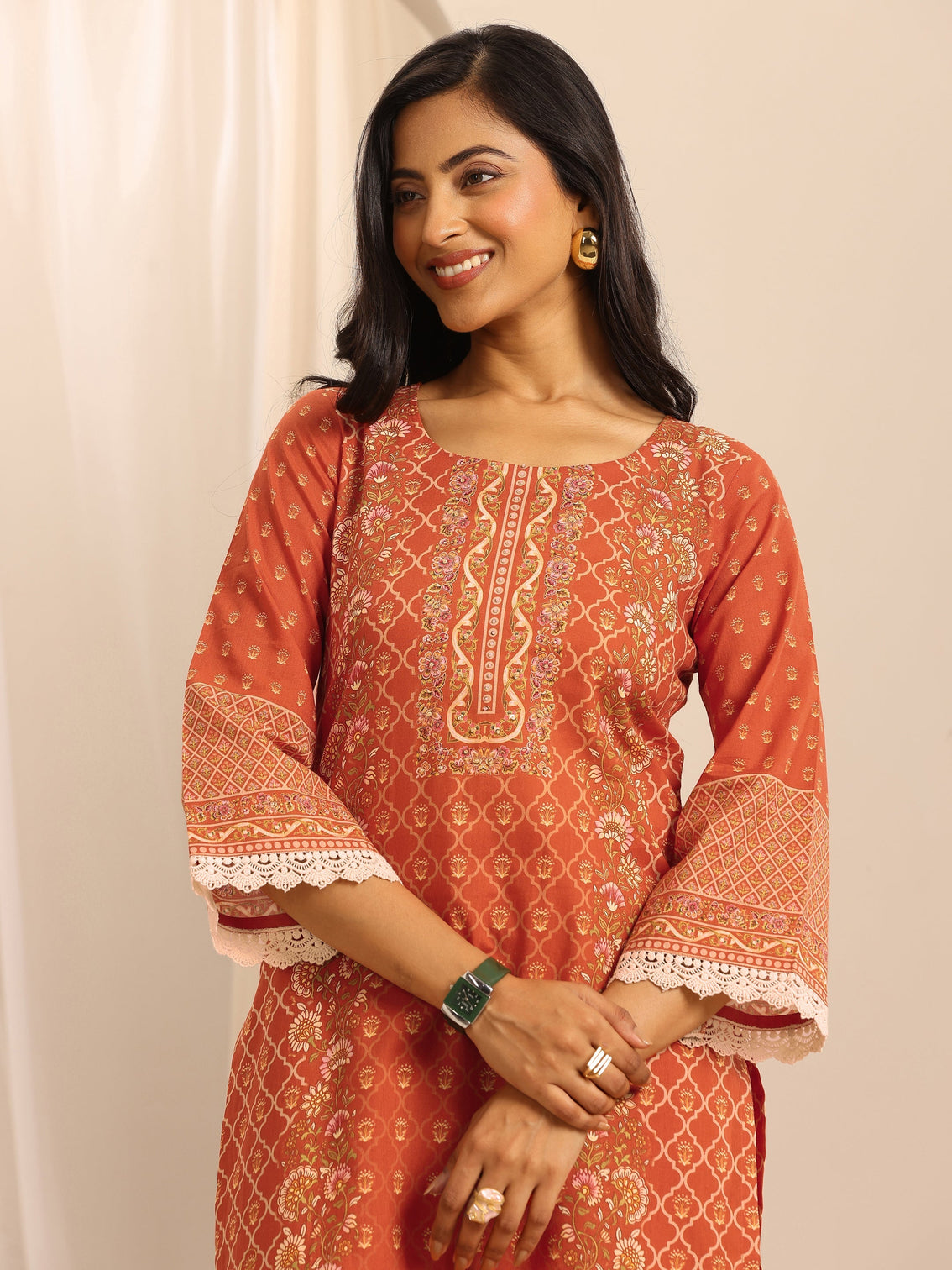 Mameraa Orange Printed Cotton Blend Straight Suit Set With Dupatta