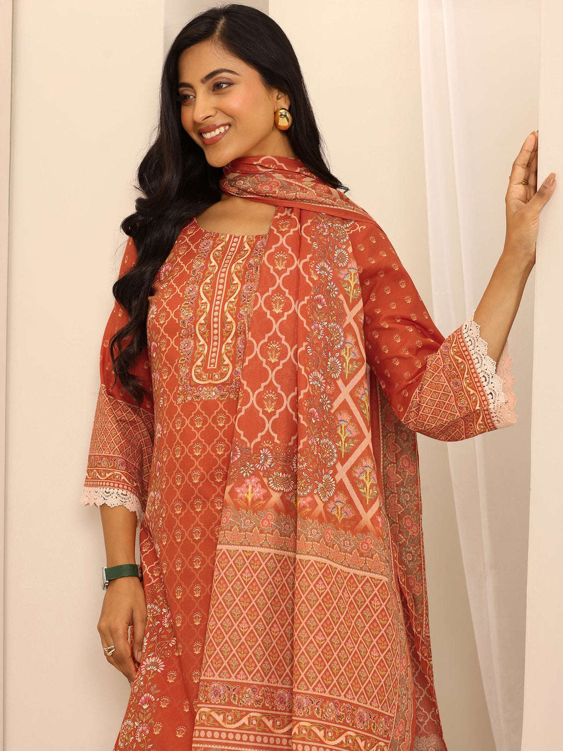 Mameraa Orange Printed Cotton Blend Straight Suit Set With Dupatta