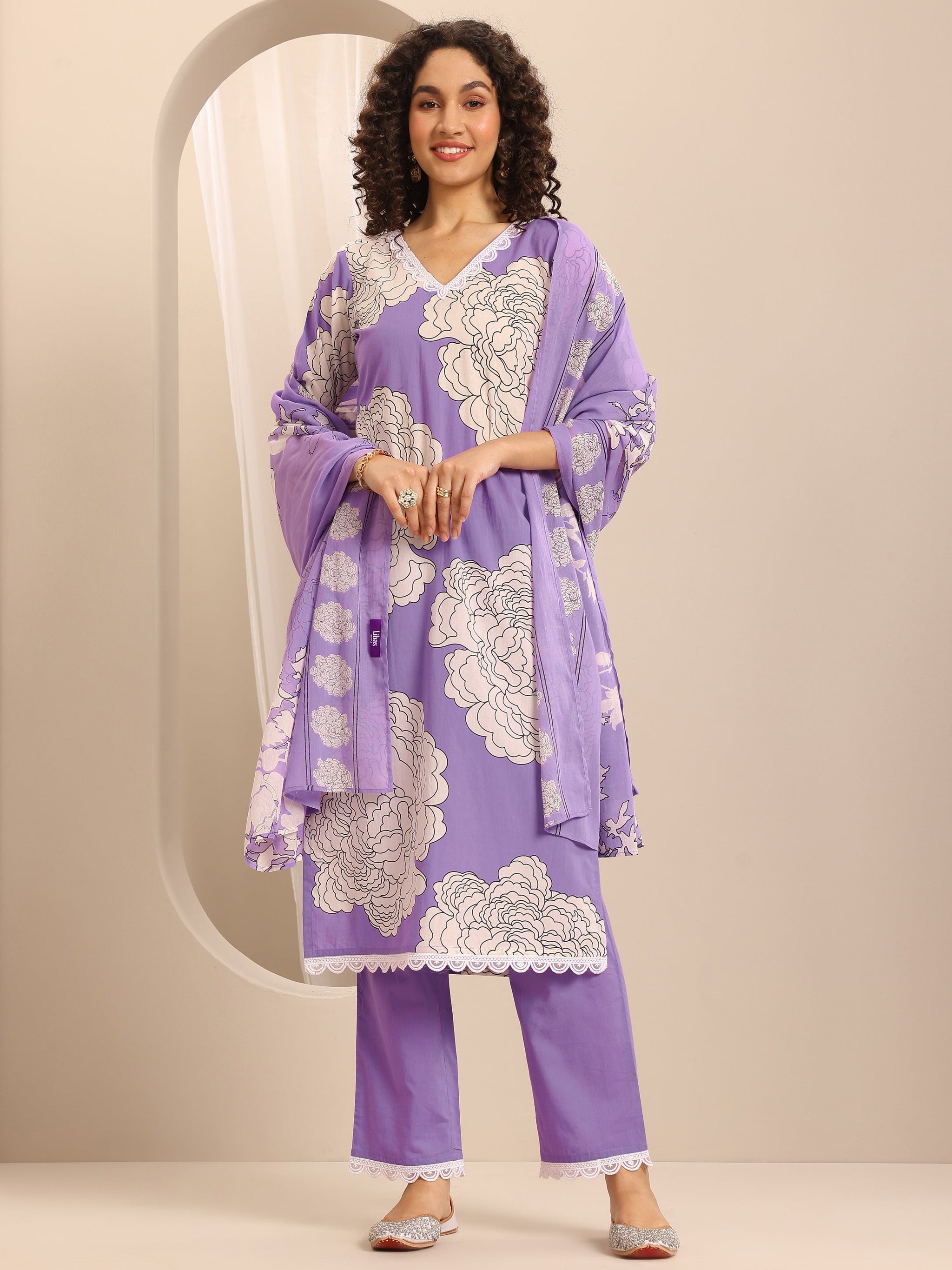 Libas Purple Printed Cotton Blend Straight Suit Set With Dupatta