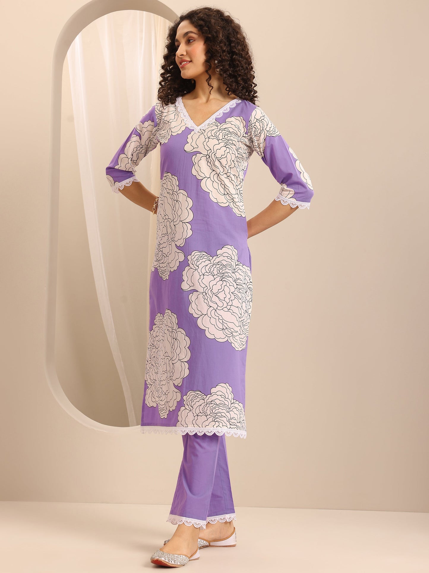Libas Purple Printed Cotton Blend Straight Suit Set With Dupatta